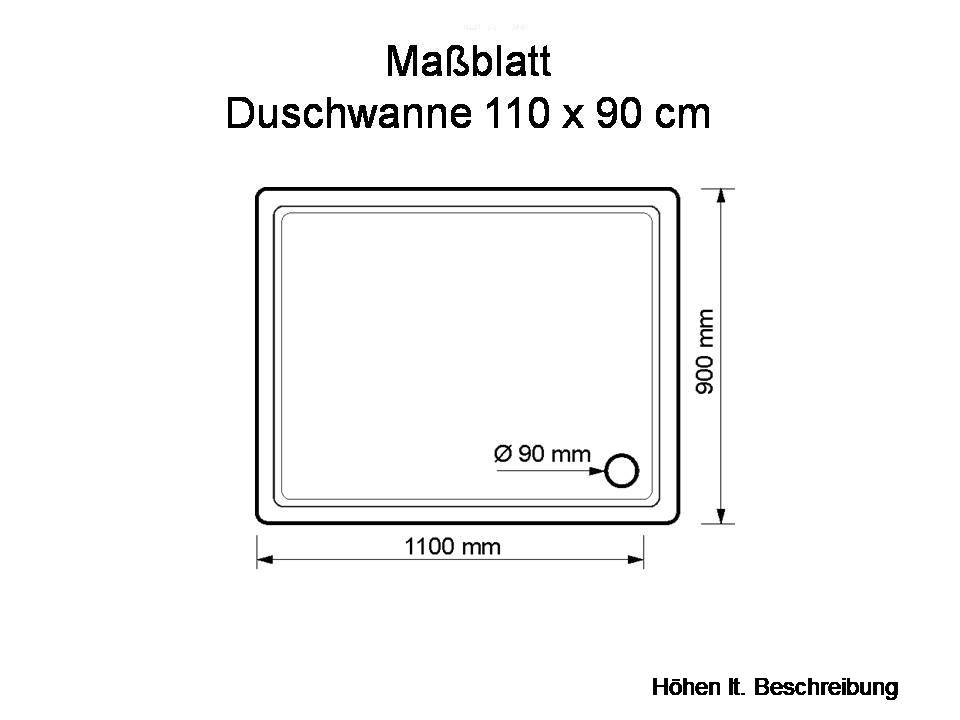 KOMPLETT-PAKET: Duschwanne 110 x 90 cm superflach 2,5 cm weiß Dusche mit GERADER UNTERSEITE Acryl + Styroporträger/Wannenträger + Ablaufgarnitur chrom DN 90