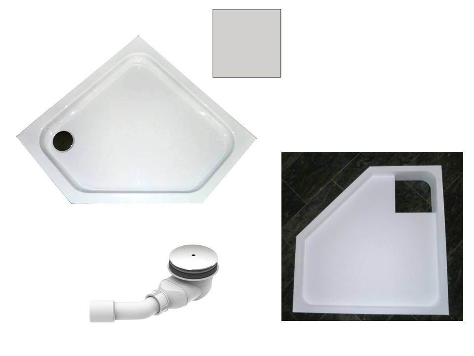 KOMPLETT-PAKET: Duschwanne 90 x 90 cm Fünfeck, Farbe: MANHATTAN superflach 2,5 cm Acryl + Styroporträger/Wannenträger + Ablaufgarnitur chrom DN 90
