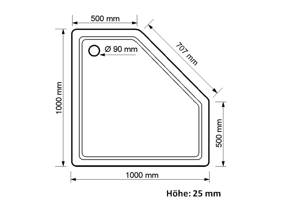 Duschwanne Halle 100x100x2,5cm, weiß fünfeck