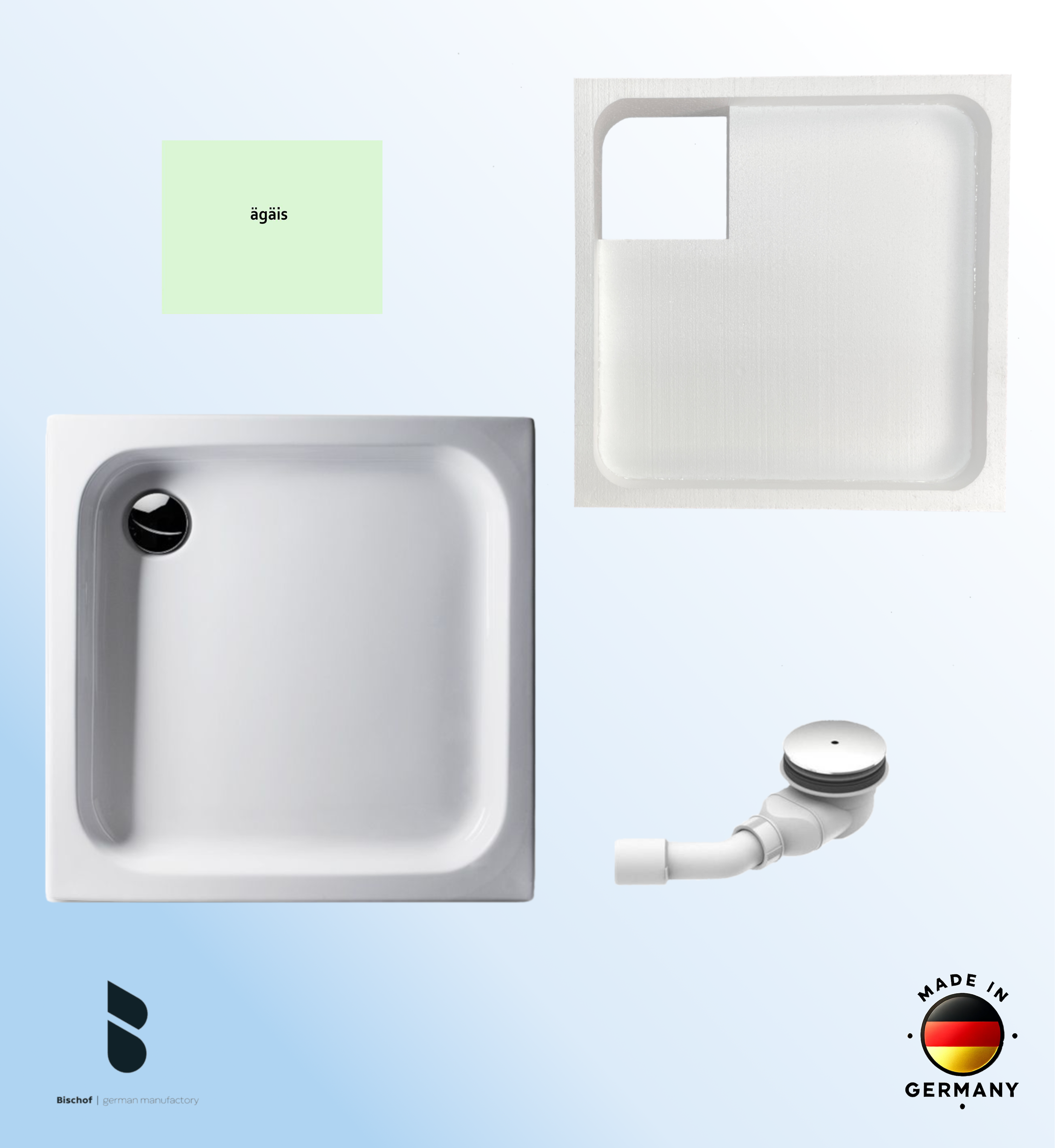 KOMPLETT-PAKET: Duschwanne 100 x 100 cm, Farbe: ÄGÄIS flach 6,5 cm Acryl + Styroporträger/Wannenträger + Ablaufgarnitur chrom DN 90