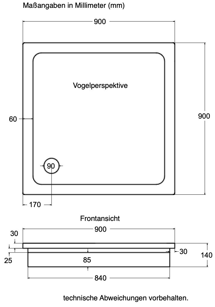 KOMPLETT-PAKET: Duschwanne 90 x 90 cm superflach 2,5 cm weiß Dusche mit GERADER UNTERSEITE Acryl + Styroporträger/Wannenträger + Ablaufgarnitur chrom DN 90