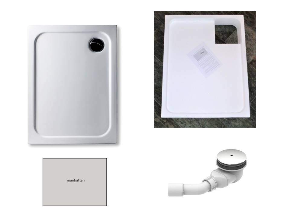 KOMPLETT-PAKET: Duschwanne 110 x 80 cm Farbe: MANHATTAN superflach 2,5 cm Acryl + Styroporträger/Wannenträger + Ablaufgarnitur chrom DN 90 