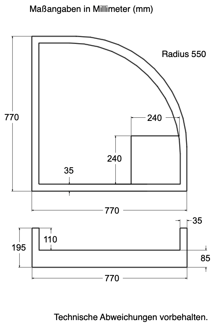 Träger 80x80cm, viertelkreis, weiß, Höhe 19,5cm links R55