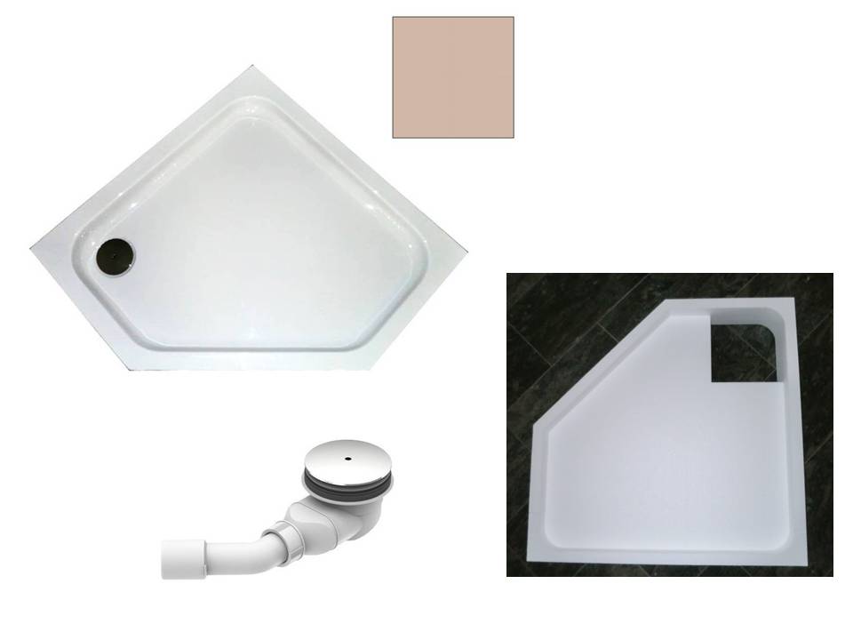 KOMPLETT-PAKET: Duschwanne 90 x 90 cm Fünfeck, Farbe: BAHAMABEIGE superflach 2,5 cm Acryl + Styroporträger/Wannenträger + Ablaufgarnitur chrom DN 90 