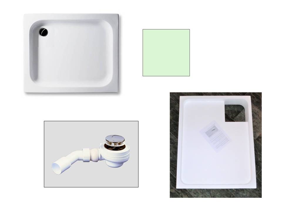 KOMPLETT-PAKET: Duschwanne 90 x 75 cm, Farbe: ÄGÄIS 15cm tief, Acryl + Styroporträger/Wannenträger + Ablaufgarnitur chrom DN 52