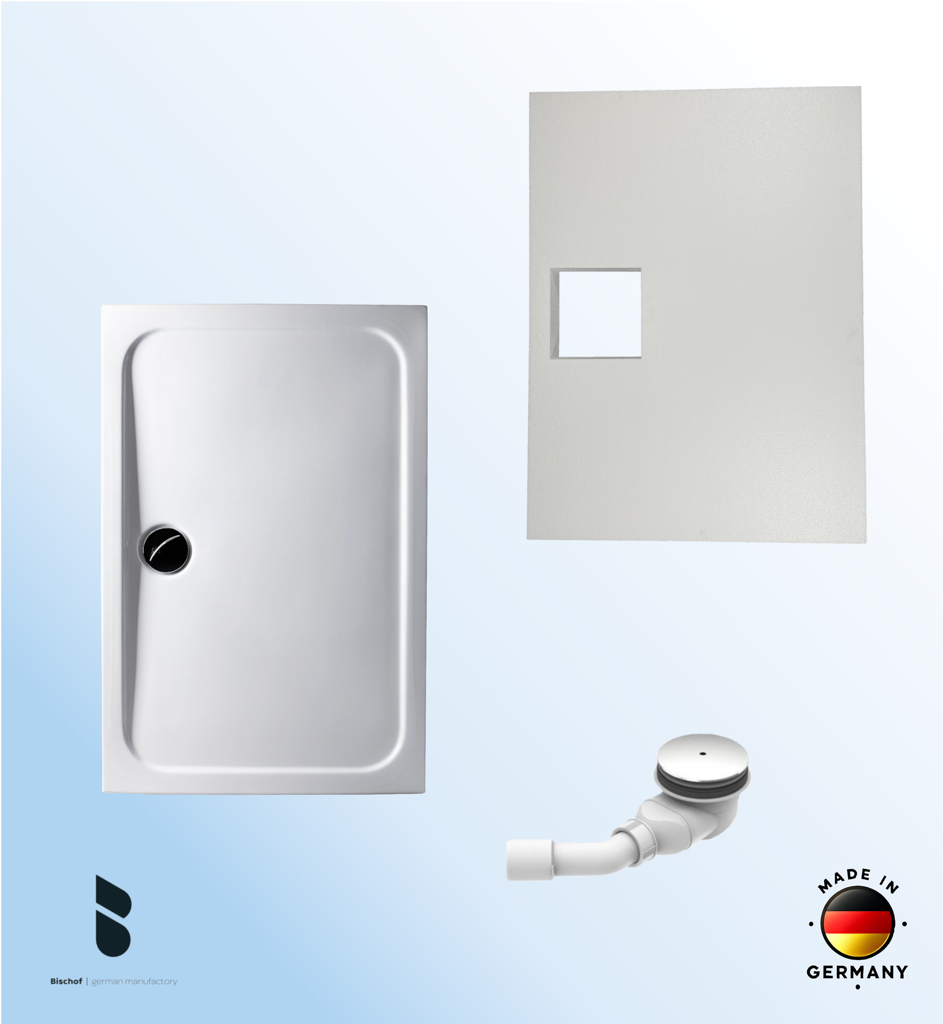 KOMPLETT-PAKET: Duschwanne 120 x 90 cm superflach 3,5 cm weiß mit GERADER STYROPOR-UNTERSEITE Acryl + Styroporträger/Wannenträger + Ablaufgarnitur chrom DN 90