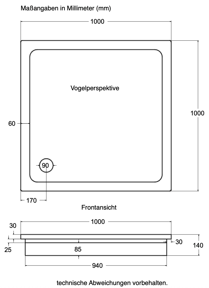KOMPLETT-PAKET: Duschwanne 100 x 100 cm superflach 2,5 cm weiß  Dusche mit GERADER UNTERSEITE Acryl + Styroporträger/Wannenträger + Ablaufgarnitur chrom DN 90 
