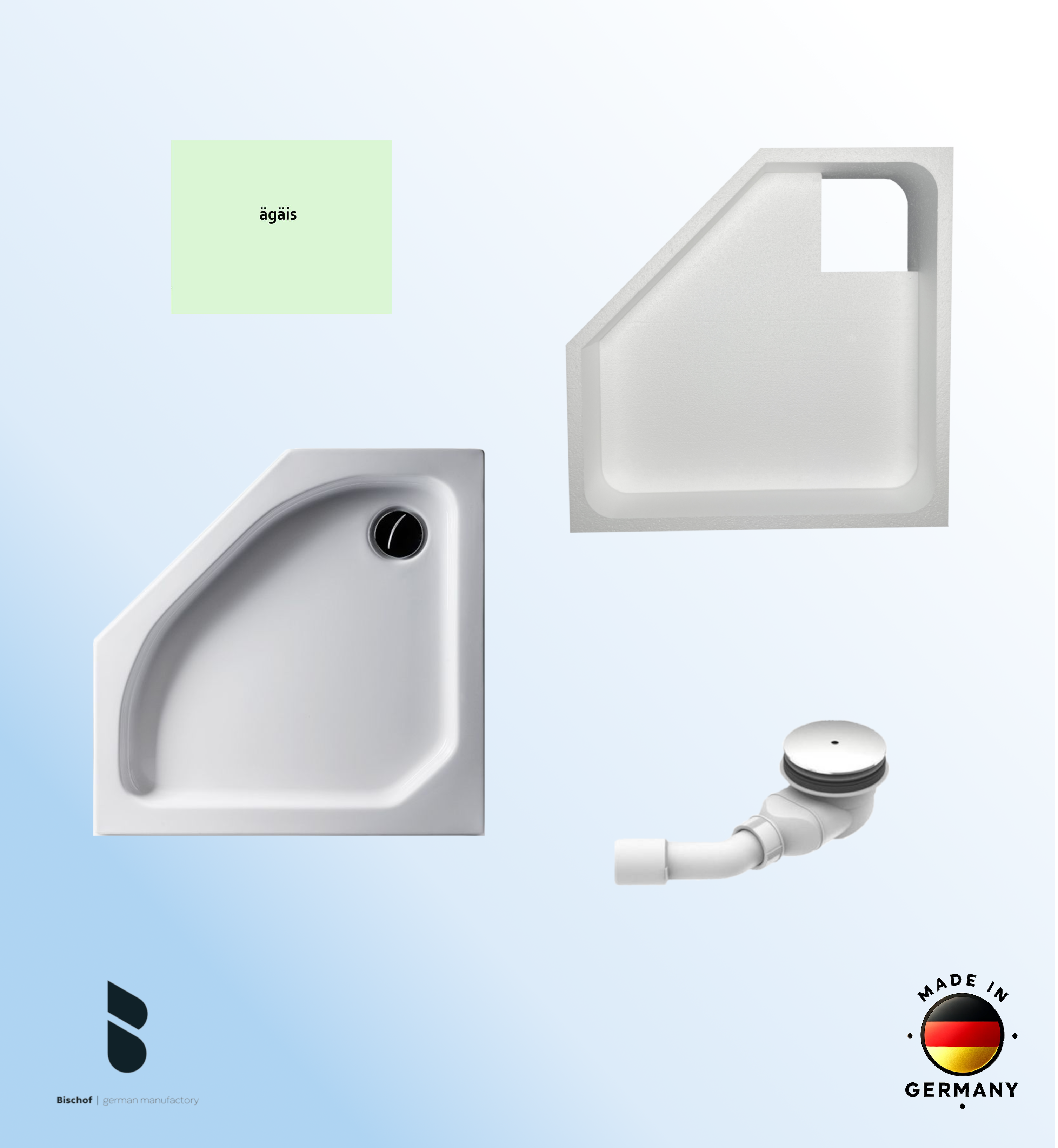 KOMPLETT-PAKET: Duschwanne 90 x 90 cm Fünfeck, Farbe: ÄGÄIS flach 6,5 cm Acryl + Styroporträger/Wannenträger + Ablaufgarnitur chrom DN 90