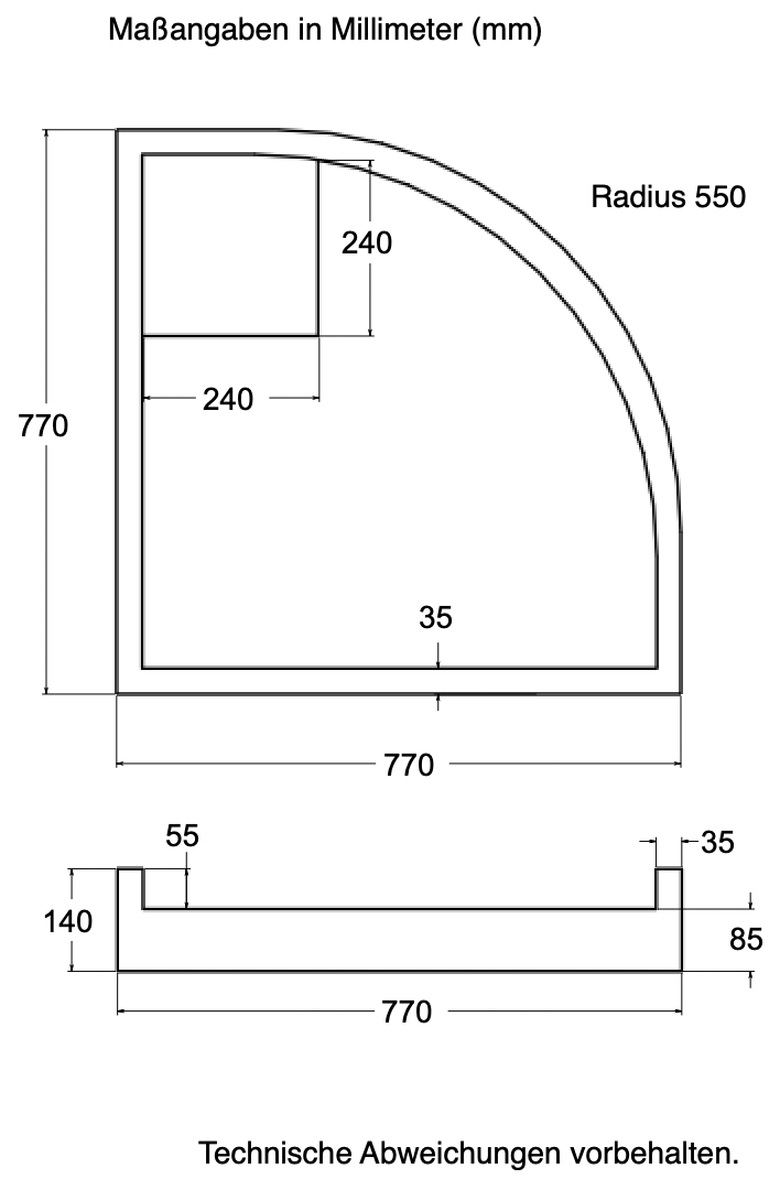 Träger 80x80cm, viertelkreis, weiß, Höhe 14cm rechts R55