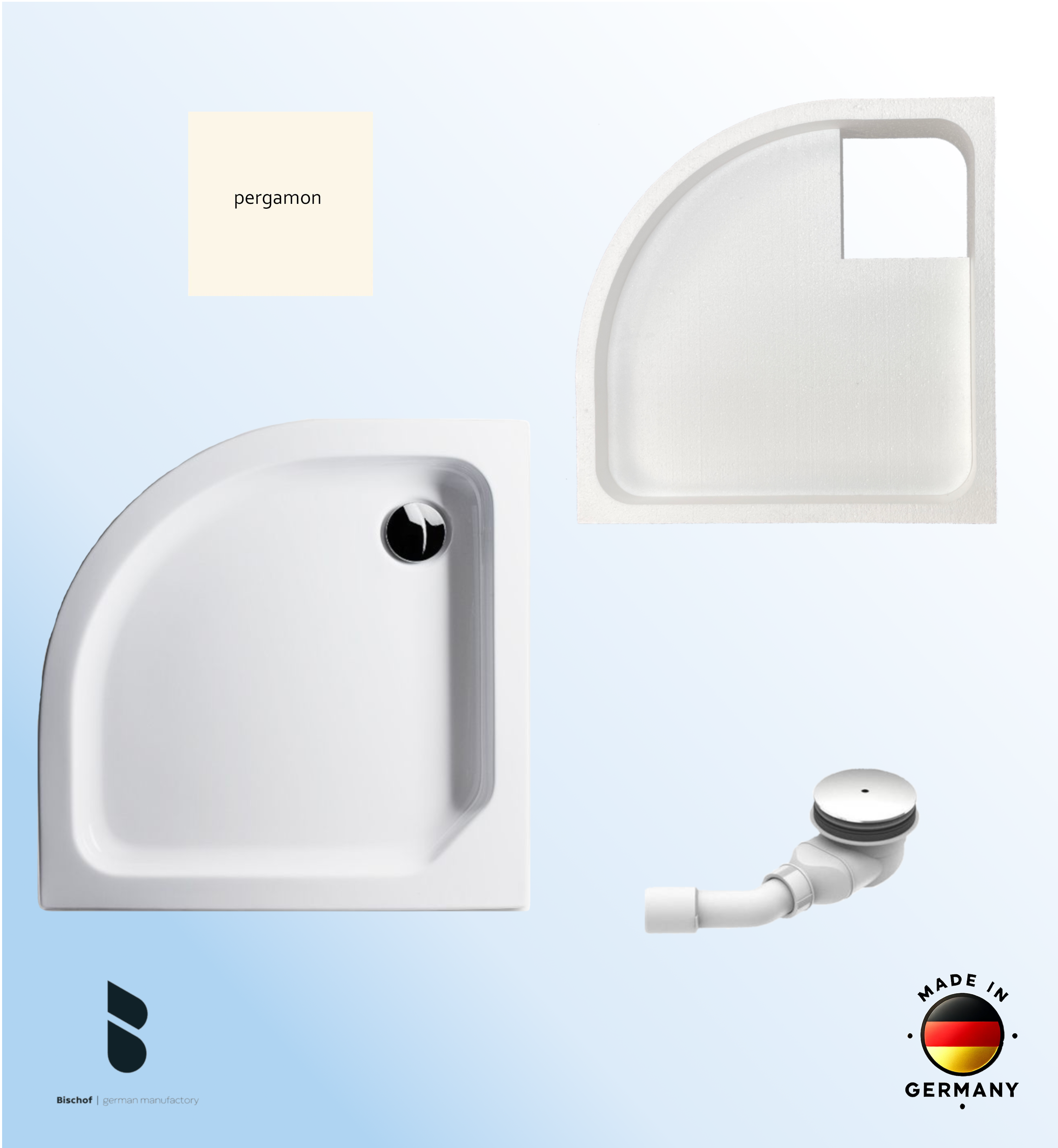KOMPLETT-PAKET: Duschwanne 100 x 100 cm Viertelkreis Radius 50, Farbe: PERGAMON flach 6,5 cm Acryl + Styroporträger/Wannenträger + Ablaufgarnitur chrom DN 90