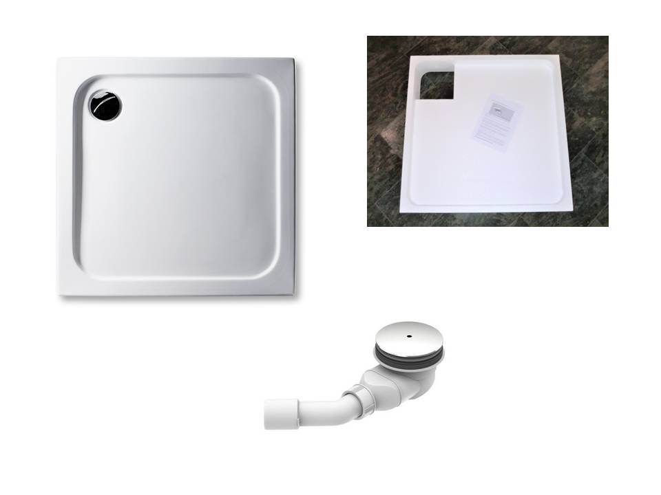 KOMPLETT-PAKET: Duschwanne 80 x 80 cm superflach 2,5 cm weiß Acryl + Styroporträger/Wannenträger + Ablaufgarnitur chrom DN 90 