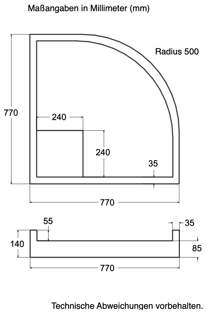 Träger 80x80cm, viertelkreis, weiß, Höhe 14cm hintere Ecke R50