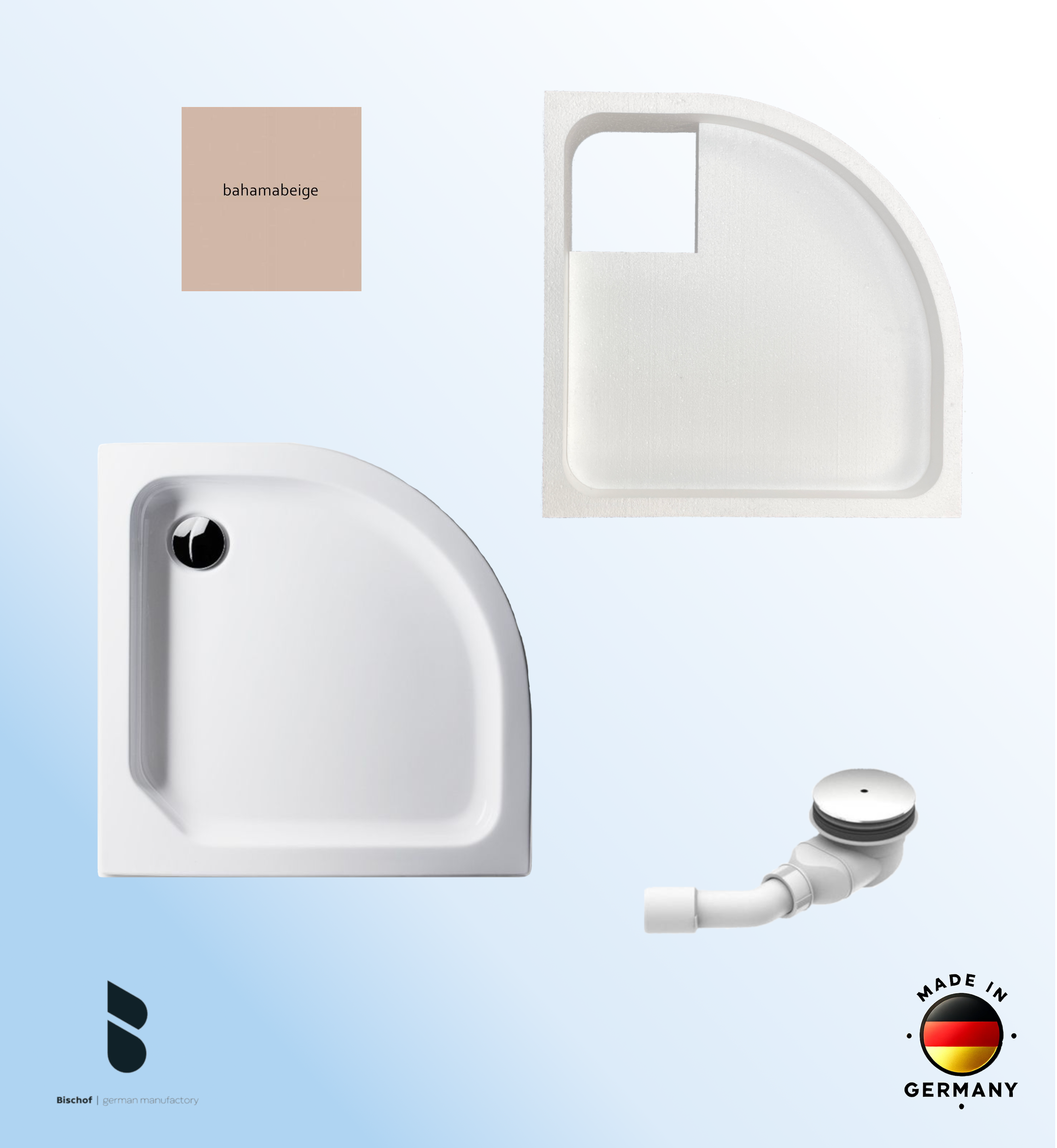 KOMPLETT-PAKET: Duschwanne 90 x 90 cm Viertelkreis Radius 55, Farbe: BAHAMABEIGE flach 6,5 cm Acryl + Styroporträger/Wannenträger + Ablaufgarnitur chrom DN 90