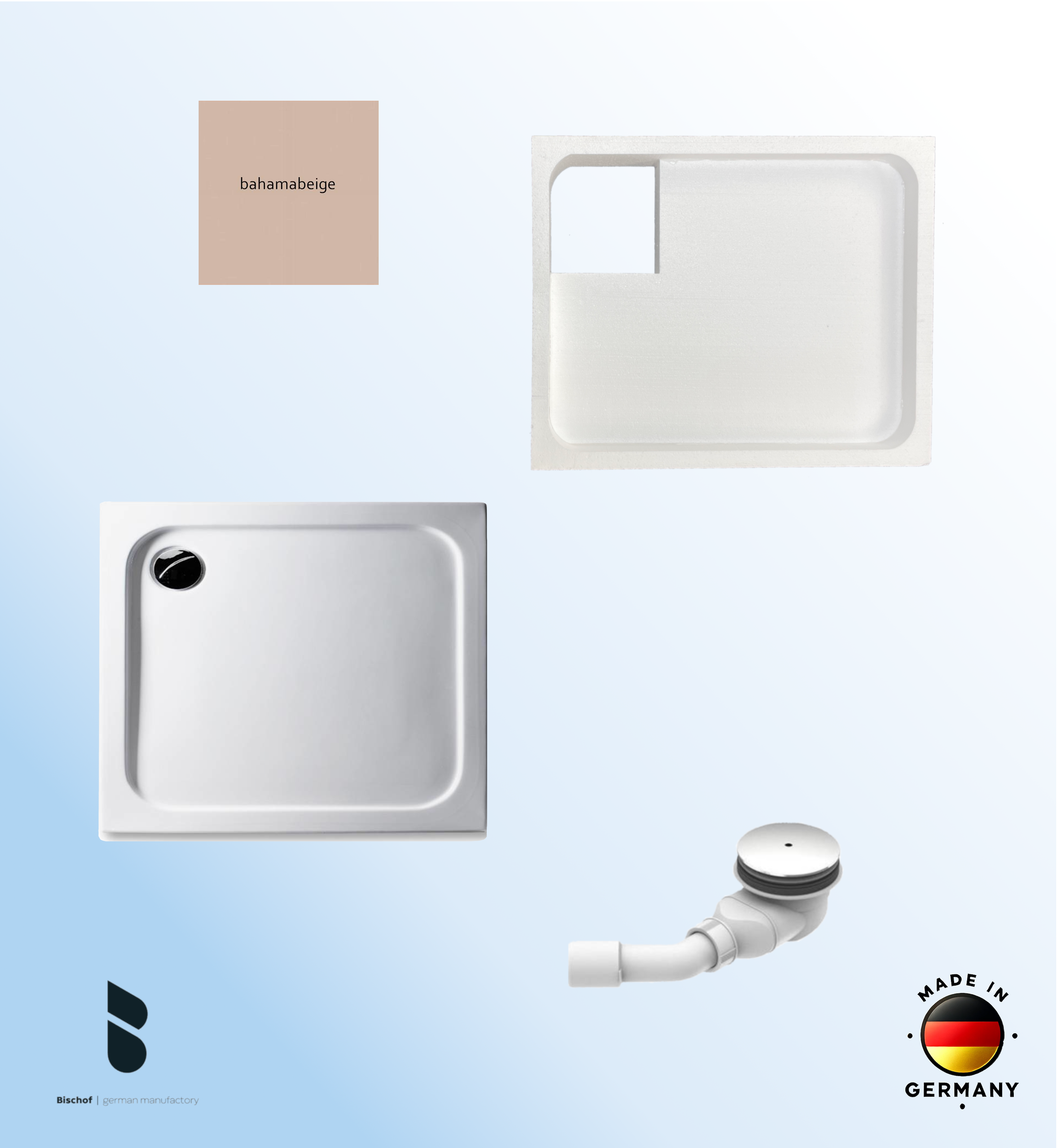 KOMPLETT-PAKET: Duschwanne 80 x 75 cm Farbe: BAHAMABEIGE superflach 2,5 cm Acryl + Styroporträger/Wannenträger + Ablaufgarnitur chrom DN 90 