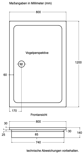 KOMPLETT-PAKET: Duschwanne 120 x 80 cm superflach 3,5 cm weiß mit GERADER STYROPOR-UNTERSEITE Acryl + Styroporträger/Wannenträger + Ablaufgarnitur chrom DN 90
