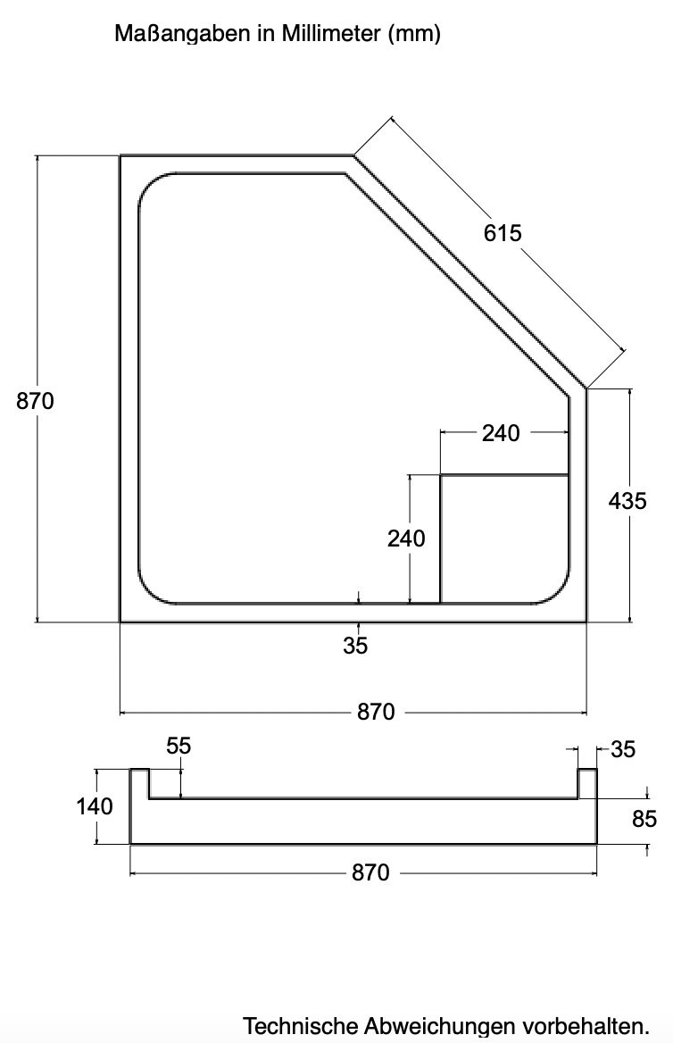 Träger Halle 90x90cm weiß, Höhe 14cm Fünfeck links
