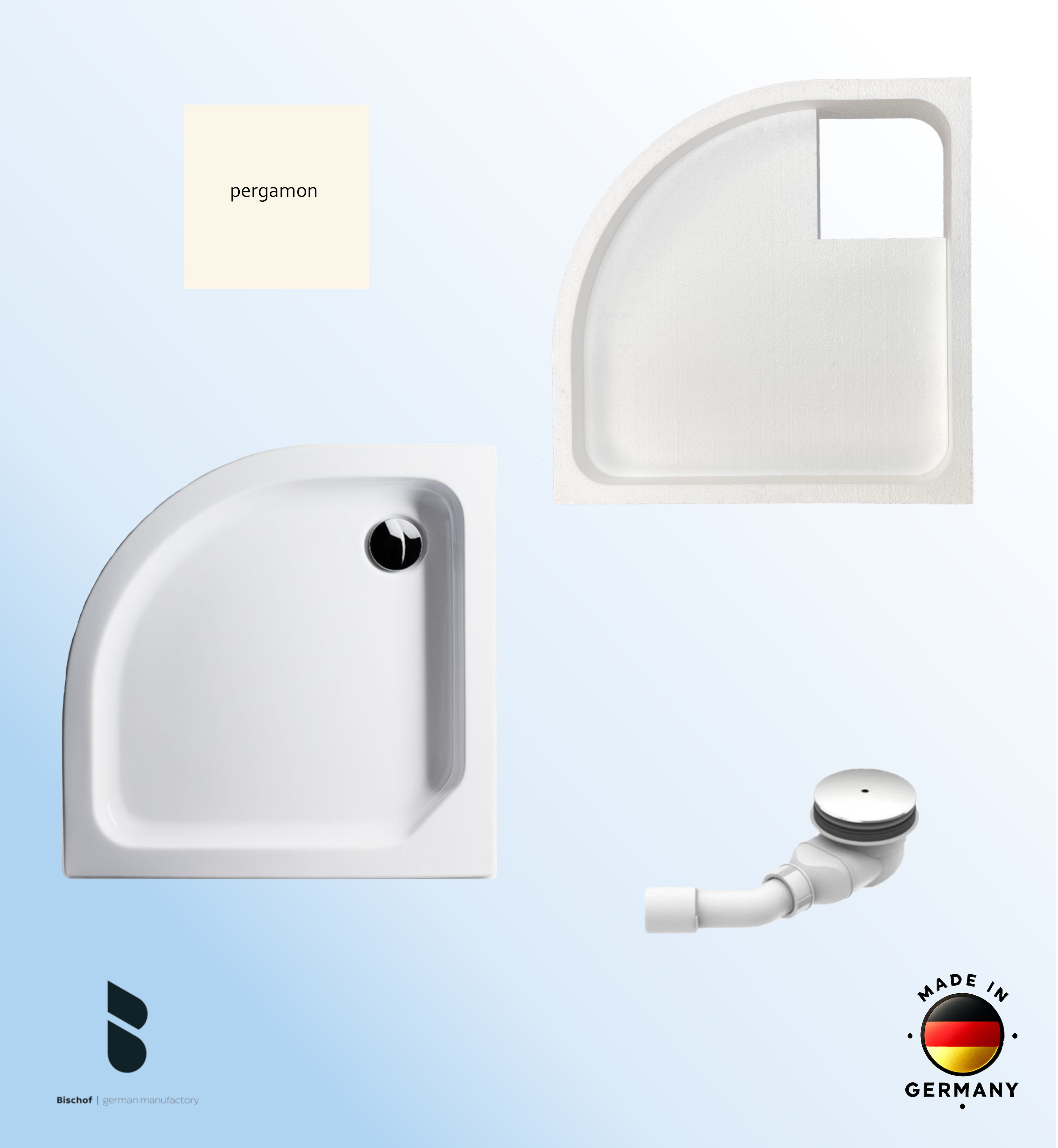 KOMPLETT-PAKET: Duschwanne 80 x 80 cm Viertelkreis Radius 50, Farbe: PERGAMON flach 6,5 cm Acryl + Styroporträger/Wannenträger + Ablaufgarnitur chrom DN 90