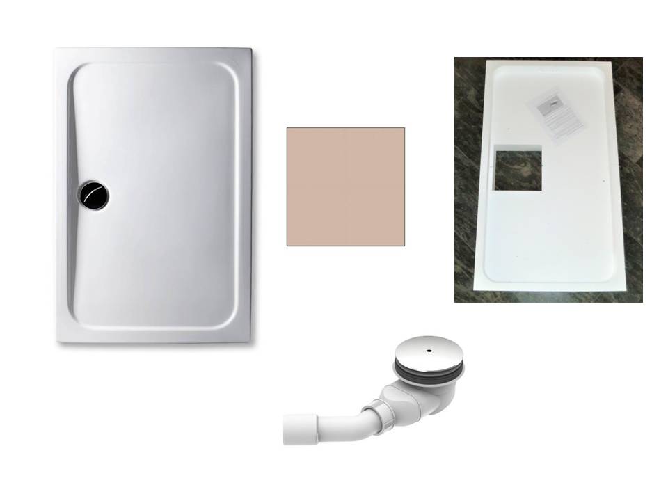 KOMPLETT-PAKET: Duschwanne 140 x 80 cm Farbe: BAHAMABEIGE superflach 2,5 cm Acryl + Styroporträger/Wannenträger + Ablaufgarnitur chrom DN 90