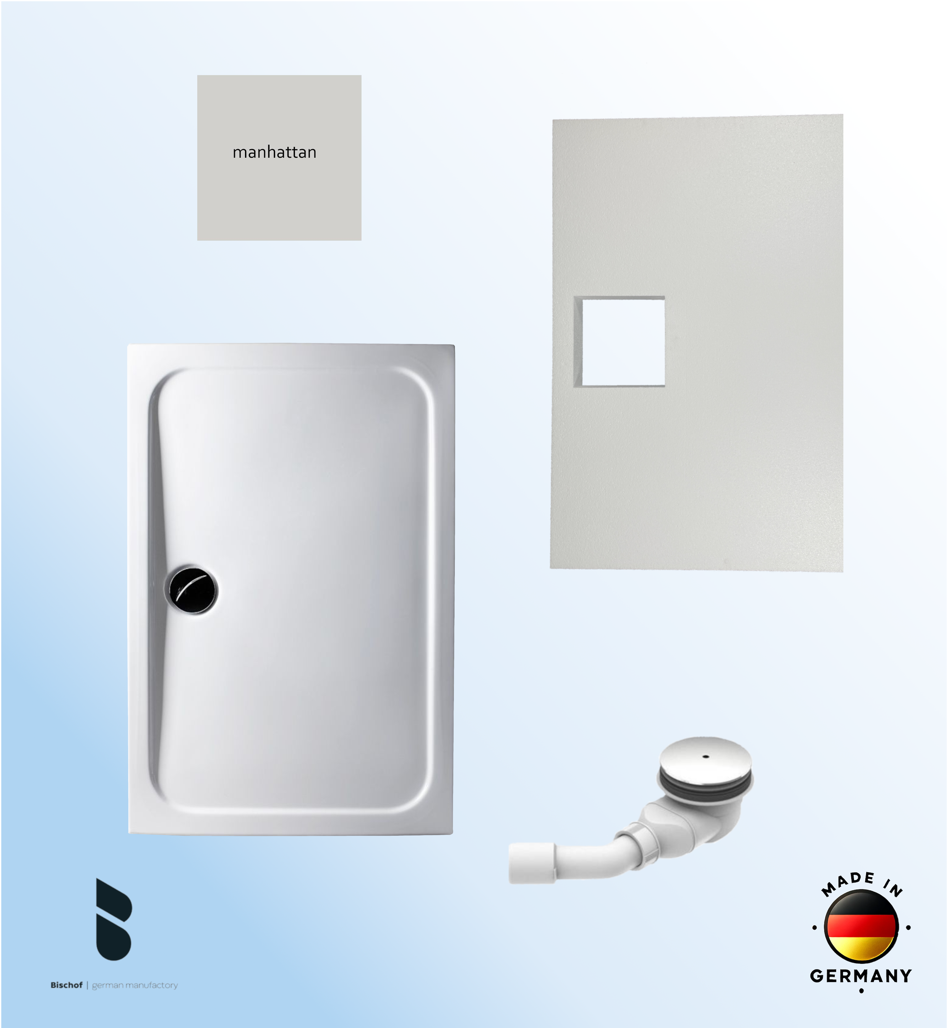 KOMPLETT-PAKET: Duschwanne 120 x 80 cm Farbe: MANHATTAN superflach 3,5 cm weiß mit GERADER STYROPOR-UNTERSEITE Acryl + Styroporträger/Wannenträger + Ablaufgarnitur chrom DN 90 