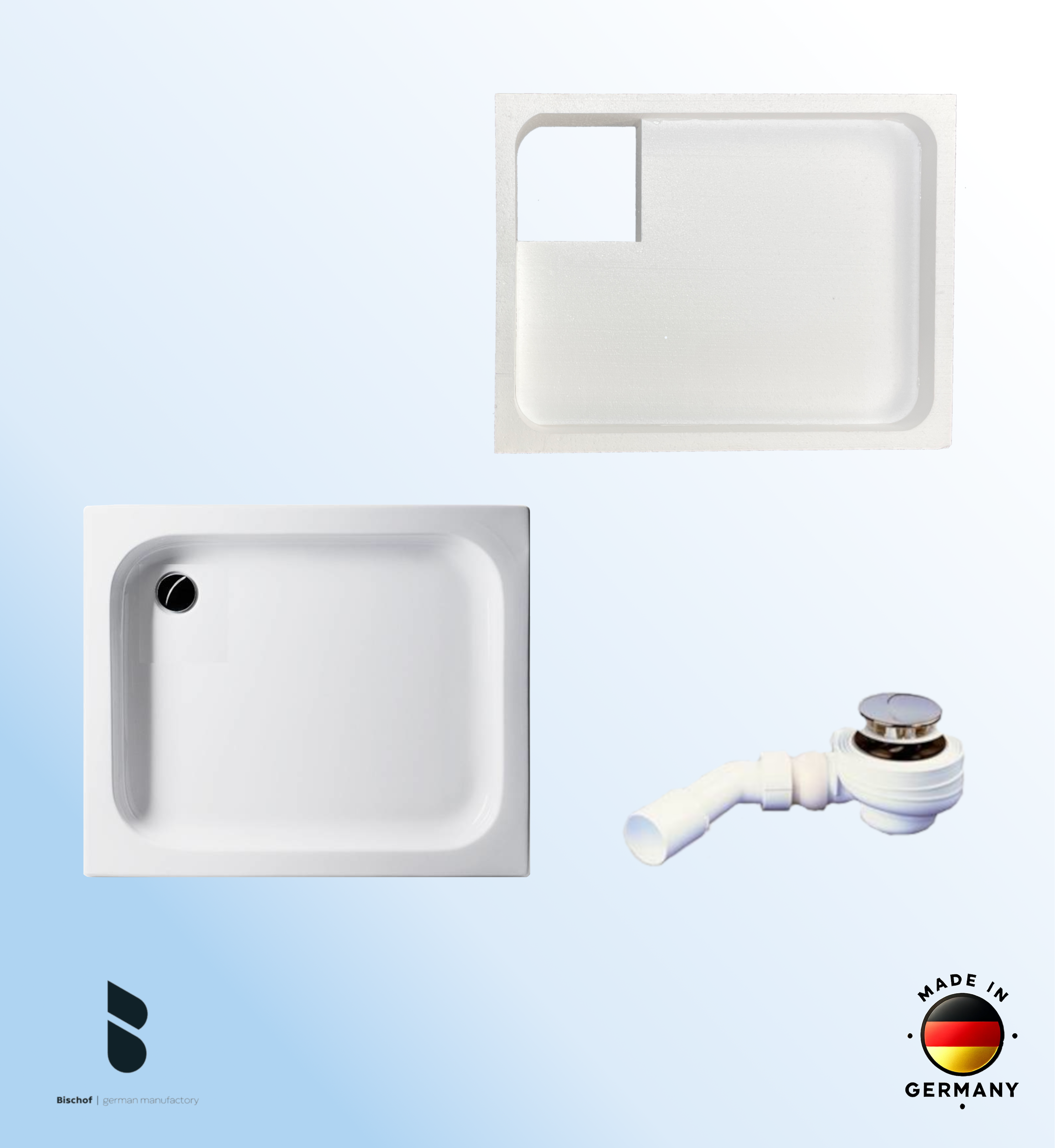 KOMPLETT-PAKET: Duschwanne 90 x 75 cm 15cm tief, weiß Acryl + Styroporträger/Wannenträger + Ablaufgarnitur chrom DN 52