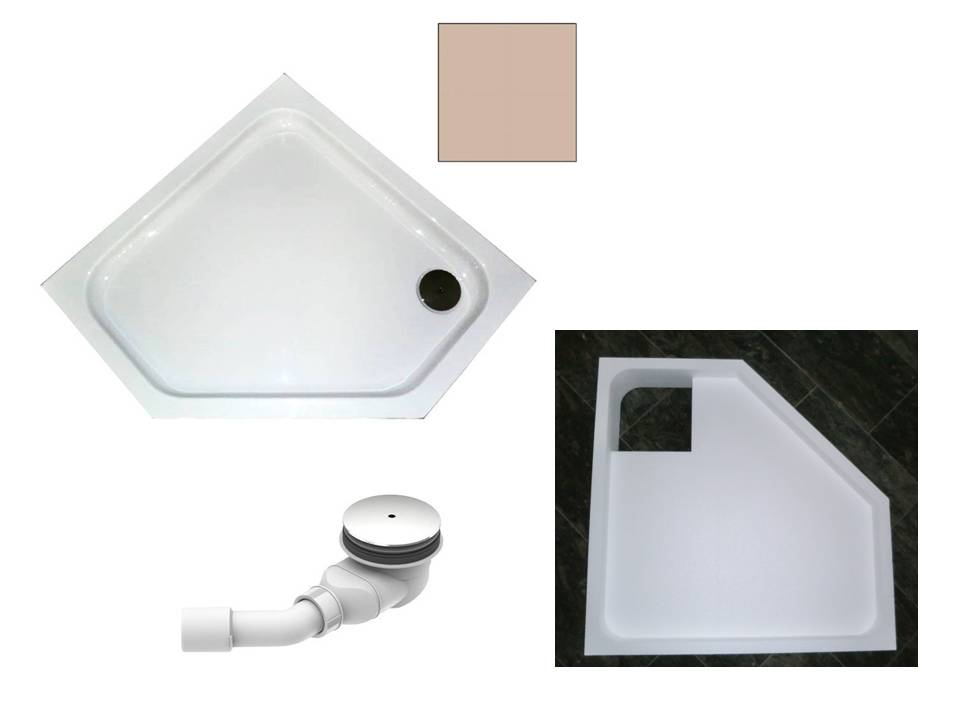 KOMPLETT-PAKET: Duschwanne 100 x 100 cm Fünfeck, Farbe: BAHAMABEIGE superflach 2,5 cm Acryl + Styroporträger/Wannenträger + Ablaufgarnitur chrom DN 90 