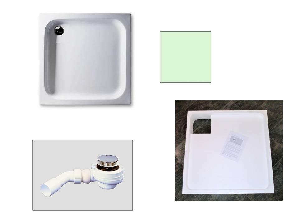 KOMPLETT-PAKET: Duschwanne 100 x 100 cm, Farbe: ÄGÄIS 15cm tief, Acryl + Styroporträger/Wannenträger + Ablaufgarnitur chrom DN 52