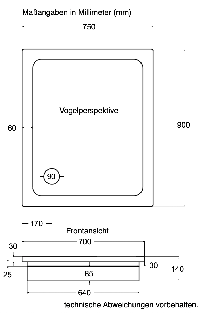 KOMPLETT-PAKET: Duschwanne 90 x 75 cm superflach 2,5 cm weiß Dusche mit GERADER UNTERSEITE Acryl + Styroporträger/Wannenträger + Ablaufgarnitur chrom DN 90