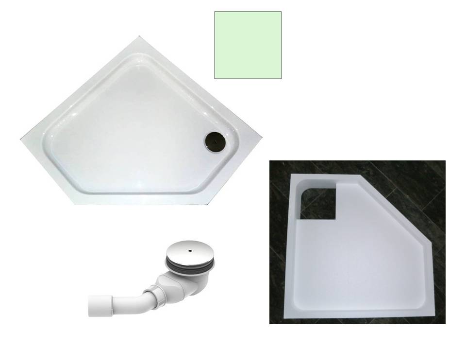 KOMPLETT-PAKET: Duschwanne 100 x 100 cm Fünfeck, Farbe: ÄGÄIS superflach 2,5 cm Acryl + Styroporträger/Wannenträger + Ablaufgarnitur chrom DN 90  
