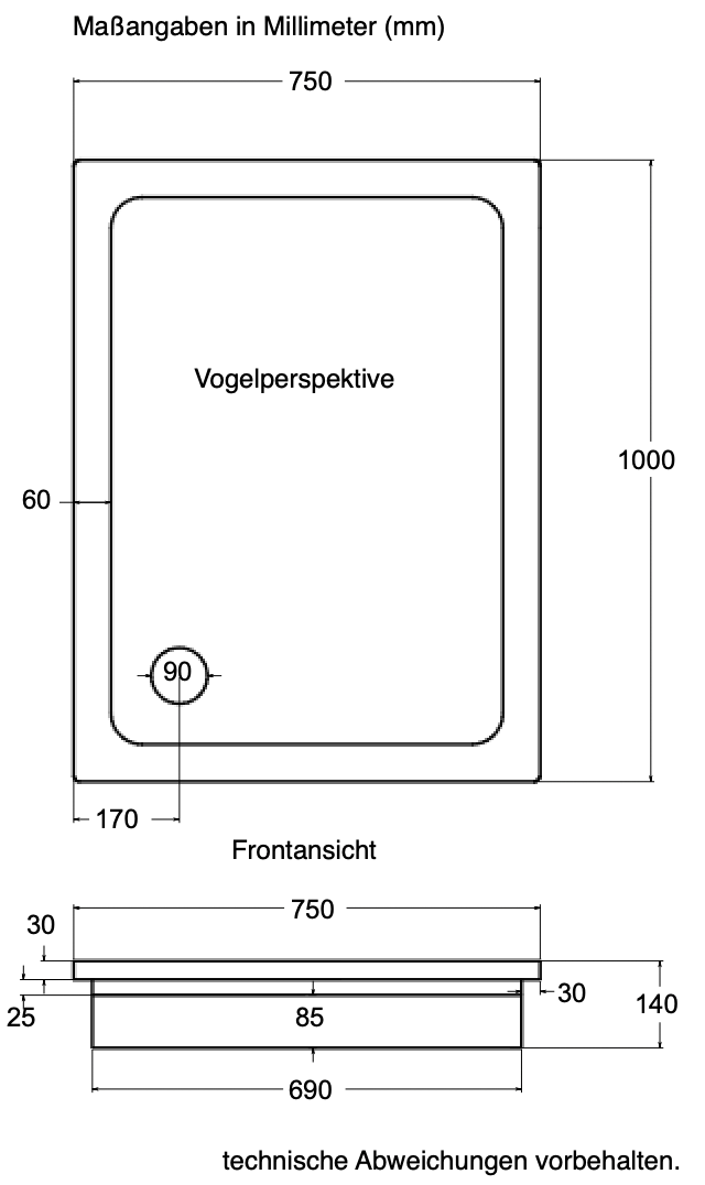 KOMPLETT-PAKET: Duschwanne 100 x 75 cm superflach 2,5 cm weiß Dusche mit GERADER UNTERSEITE Acryl + Styroporträger/Wannenträger + Ablaufgarnitur chrom DN 90