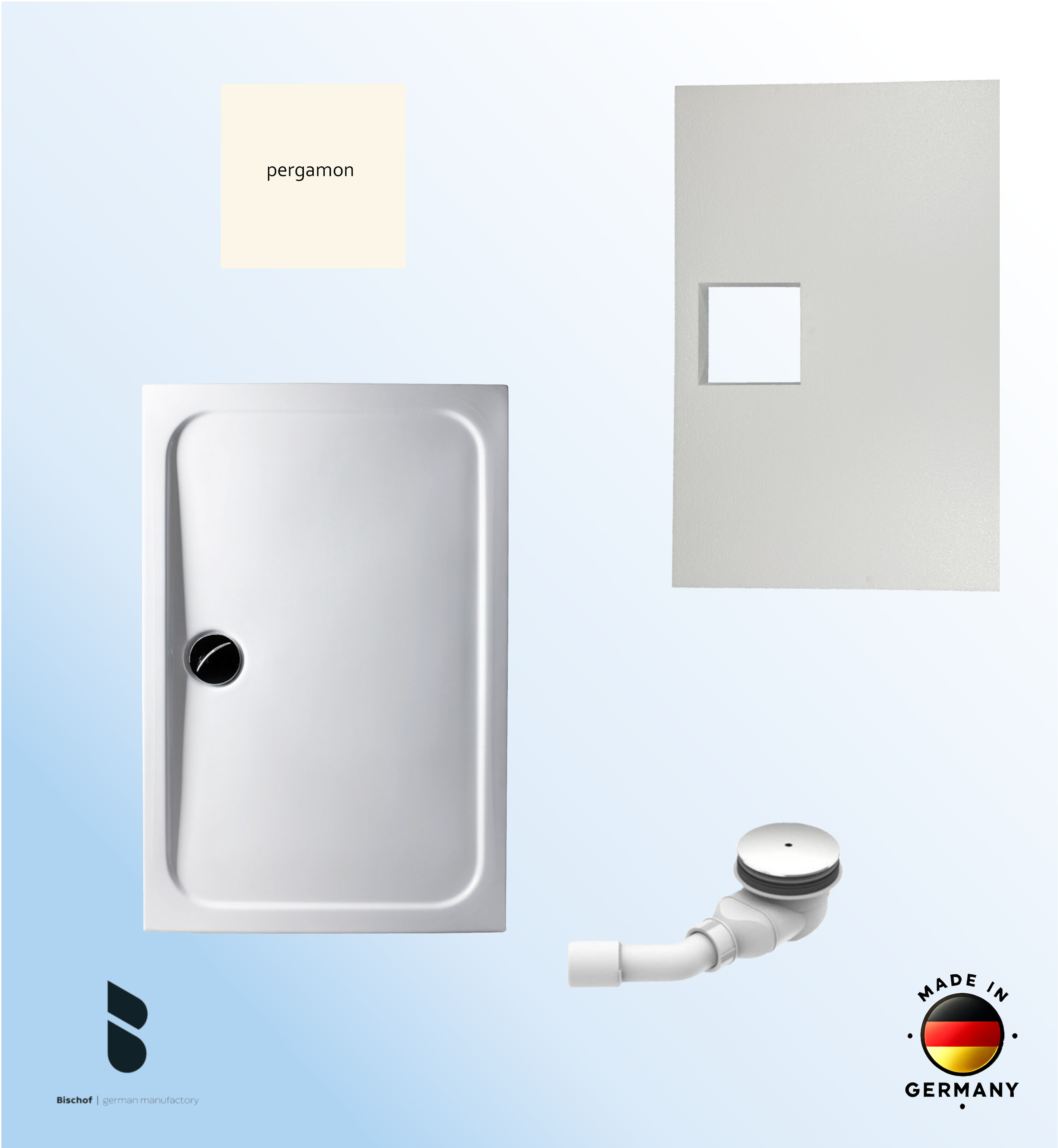 KOMPLETT-PAKET: Duschwanne 120 x 90 cm Farbe: PERGAMON superflach 3,5 cm weiß mit GERADER STYROPOR-UNTERSEITE Acryl + Styroporträger/Wannenträger + Ablaufgarnitur chrom DN 90 