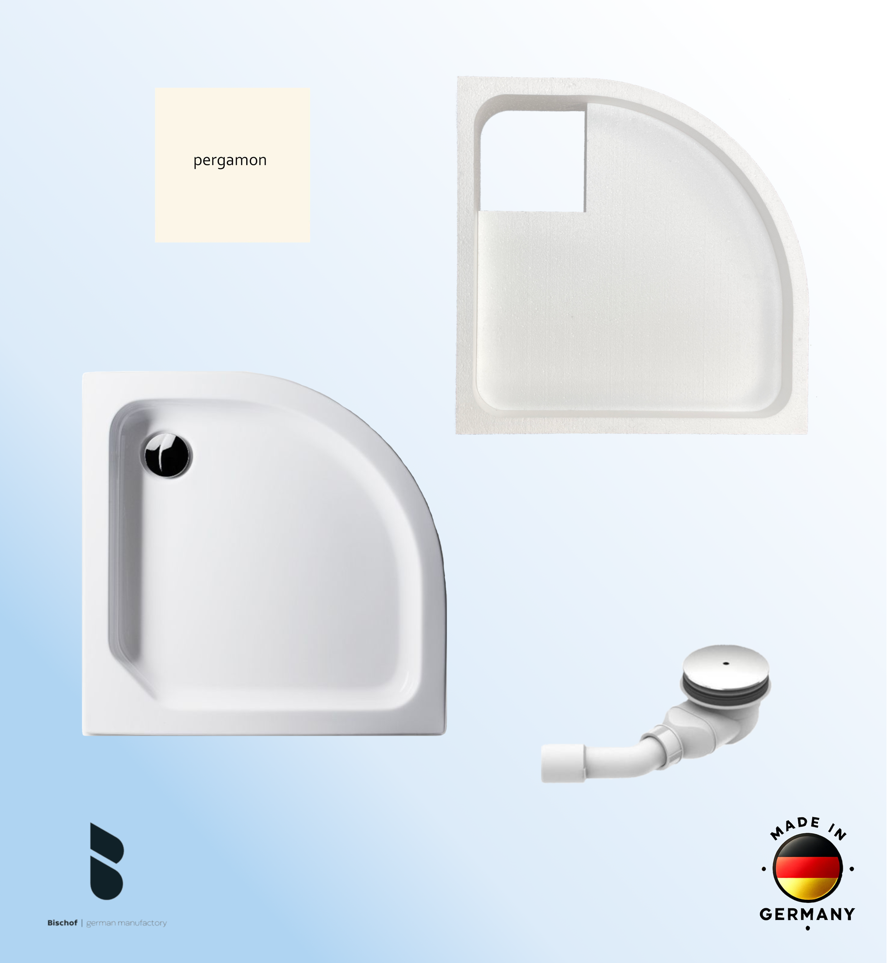KOMPLETT-PAKET: Duschwanne 90 x 90 cm Viertelkreis Radius 55, Farbe: PERGAMON flach 6,5 cm Acryl + Styroporträger/Wannenträger + Ablaufgarnitur chrom DN 90
