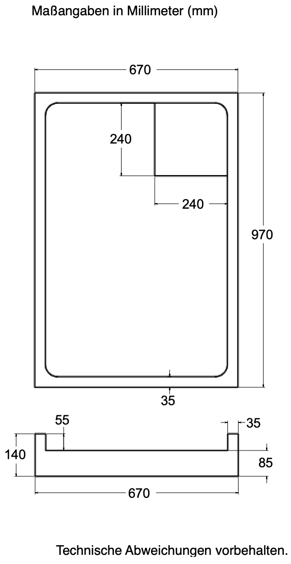 Träger Hamburg 100x70cm weiß, Höhe 14cm rechts