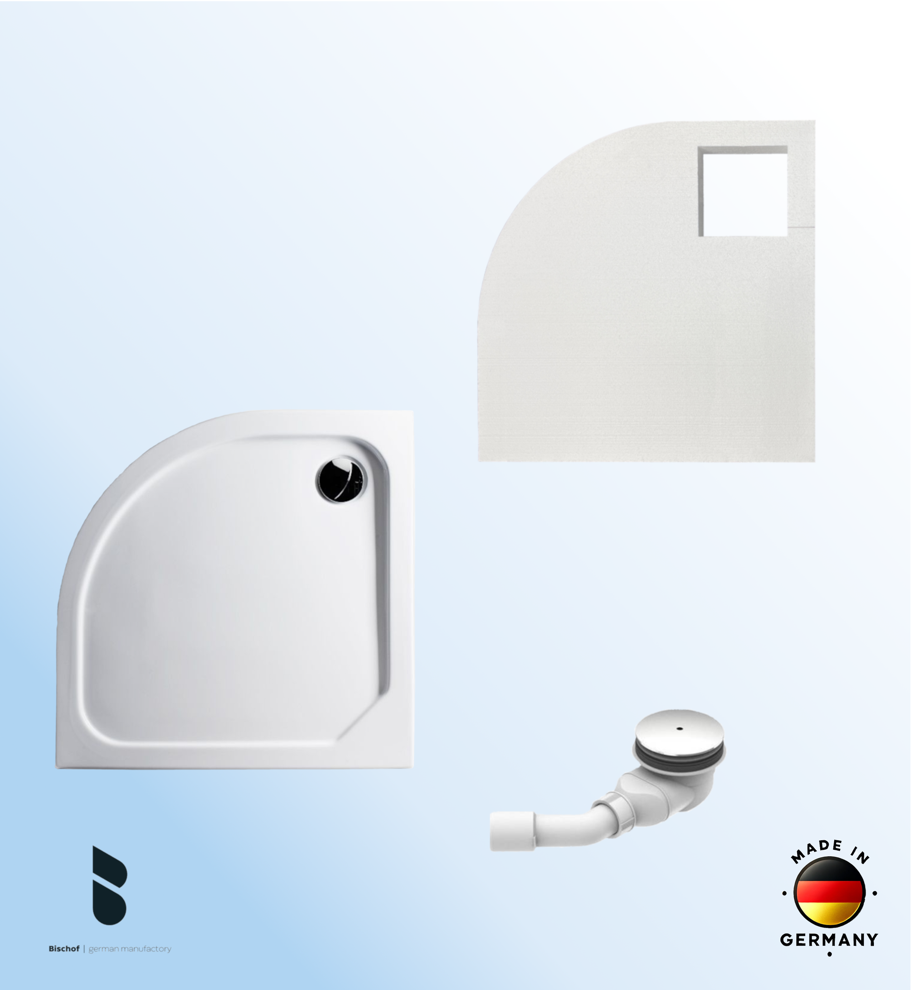 KOMPLETT-PAKET: Duschwanne 100 x 100 cm Viertelkreis Radius 55, superflach 2,5 cm weiß Dusche mit GERADER UNTERSEITE Acryl + Styroporträger/Wannenträger + Ablaufgarnitur chrom DN 90