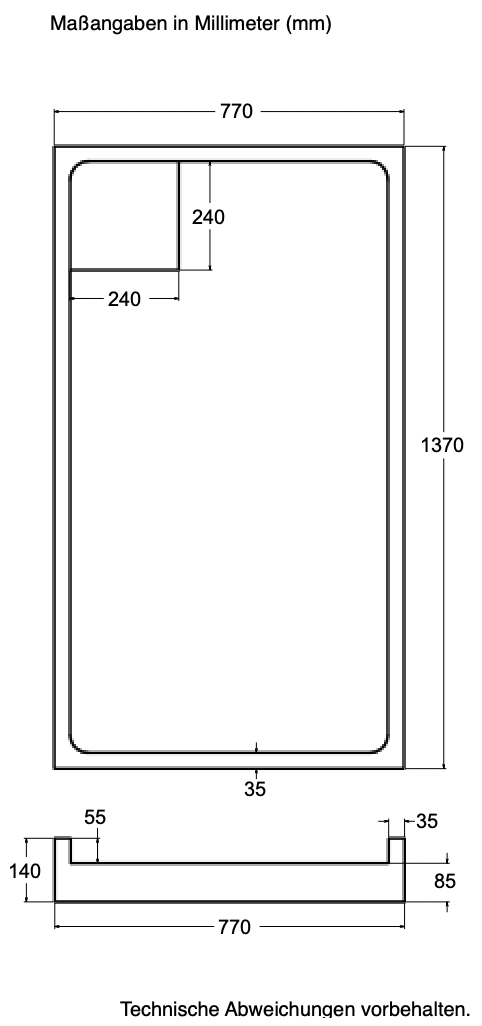 Träger Hamburg 140x80cm weiß, Höhe 14cm links 