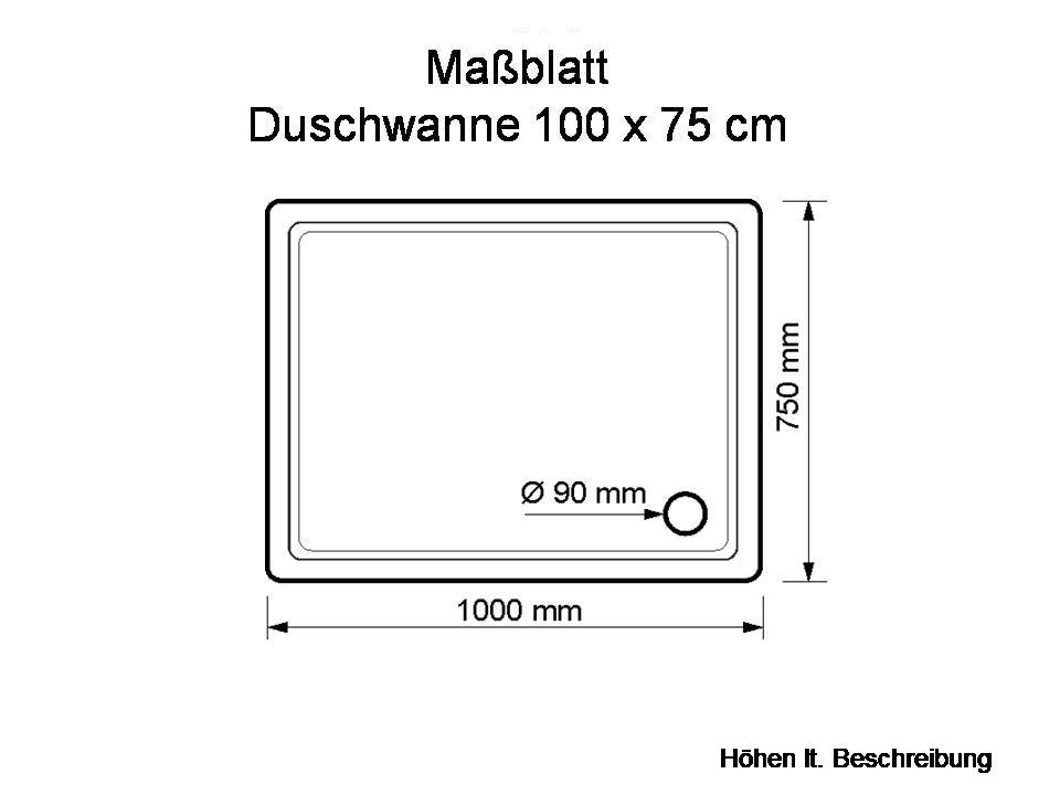 KOMPLETT-PAKET: Duschwanne 100 x 75 cm superflach 2,5 cm weiß Dusche mit GERADER UNTERSEITE Acryl + Styroporträger/Wannenträger + Ablaufgarnitur chrom DN 90