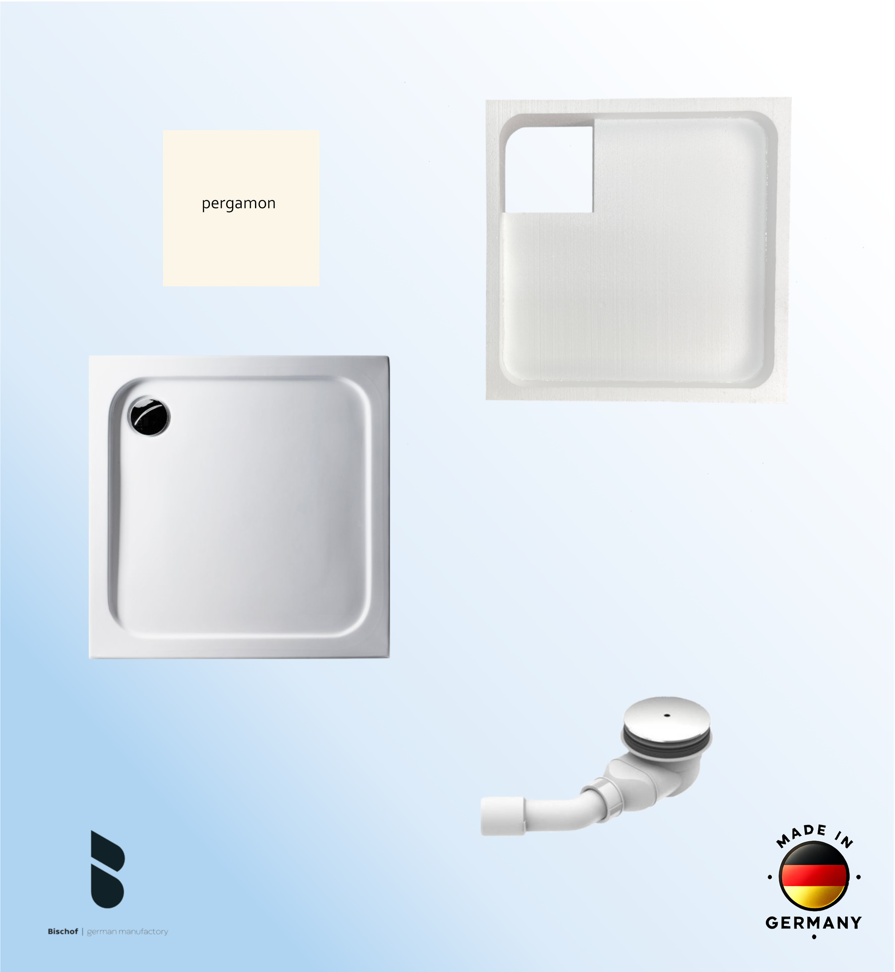KOMPLETT-PAKET: Duschwanne 90 x 90 cm Farbe: PERGAMON superflach 2,5 cm Acryl + Styroporträger/Wannenträger + Ablaufgarnitur chrom DN 90