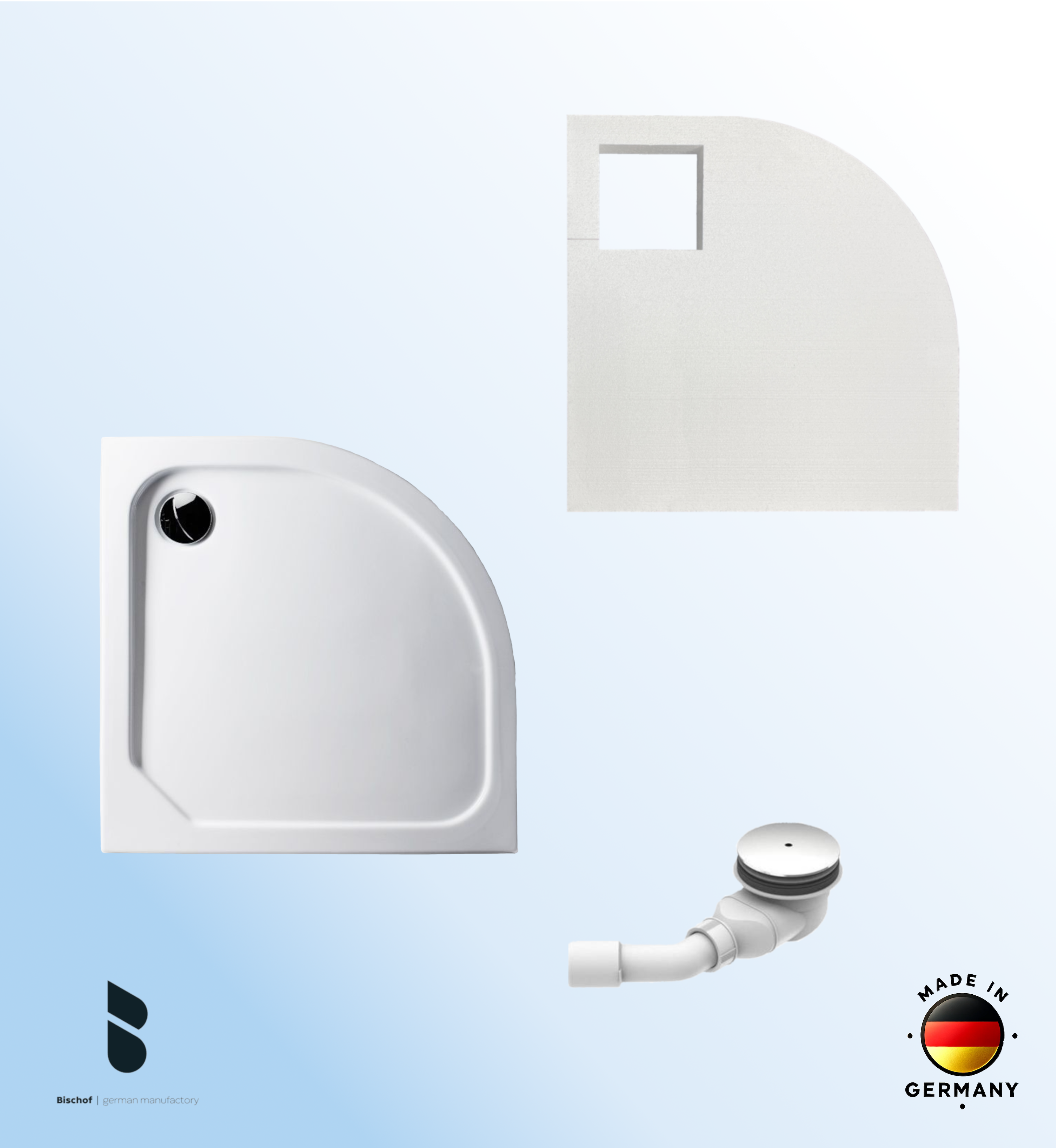 KOMPLETT-PAKET: Duschwanne 90 x 90 cm Viertelkreis Radius 55, superflach 2,5 cm weiß Dusche mit GERADER UNTERSEITE Acryl + Styroporträger/Wannenträger + Ablaufgarnitur chrom DN 90