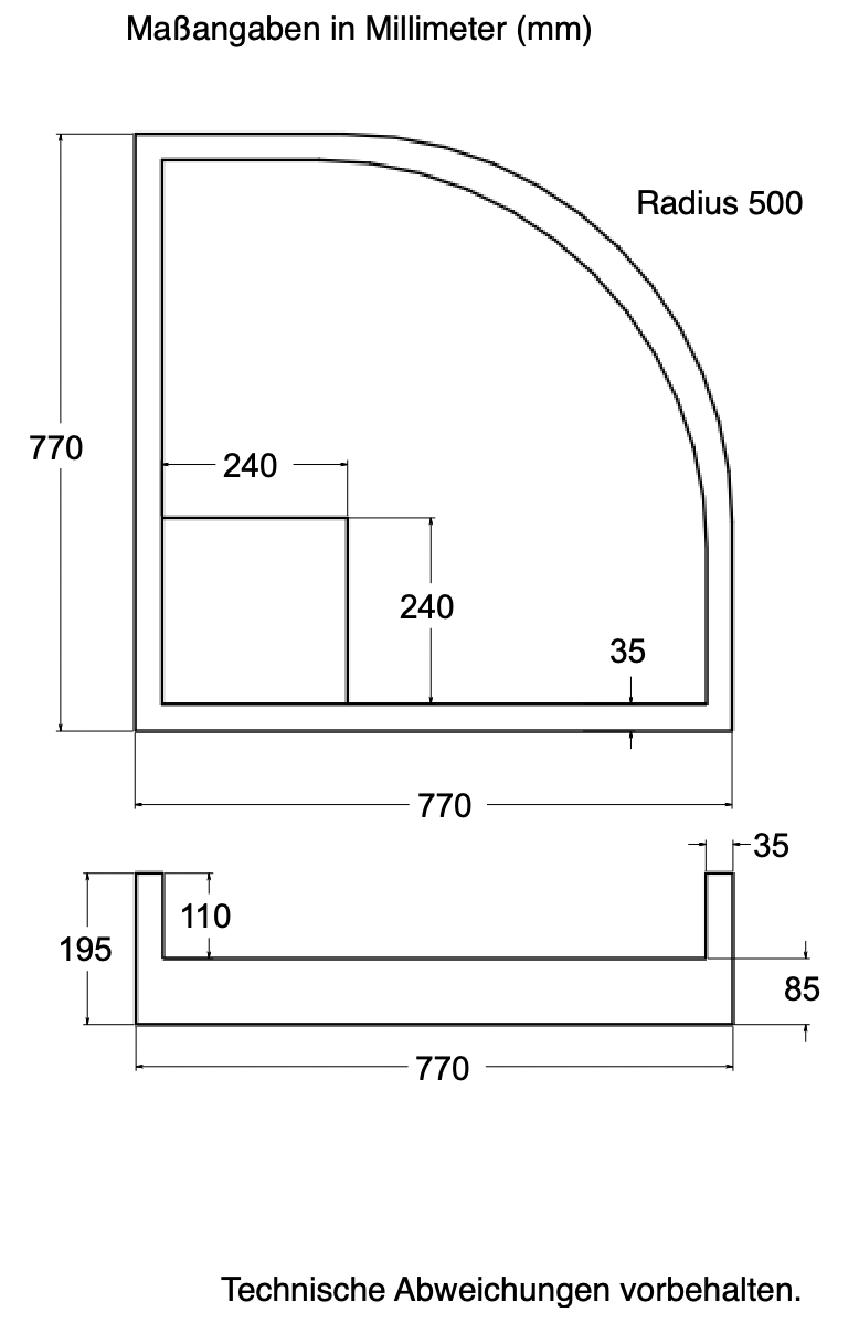 Träger 80x80cm, viertelkreis, weiß, Höhe 19,5cm hintere Ecke R50