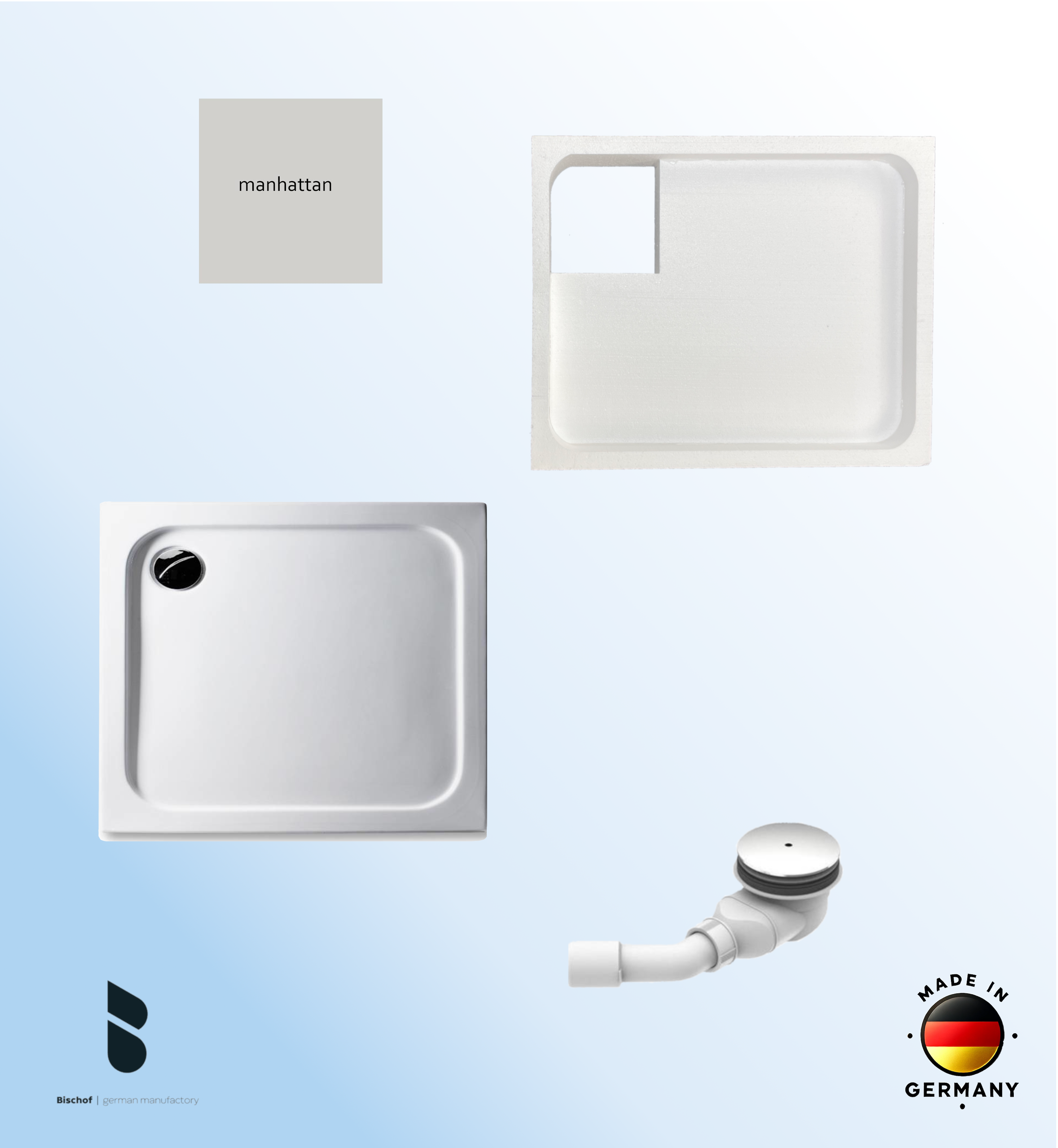 KOMPLETT-PAKET: Duschwanne 80 x 75 cm Farbe: MANHATTAN superflach 2,5 cm Acryl + Styroporträger/Wannenträger + Ablaufgarnitur chrom DN 90  