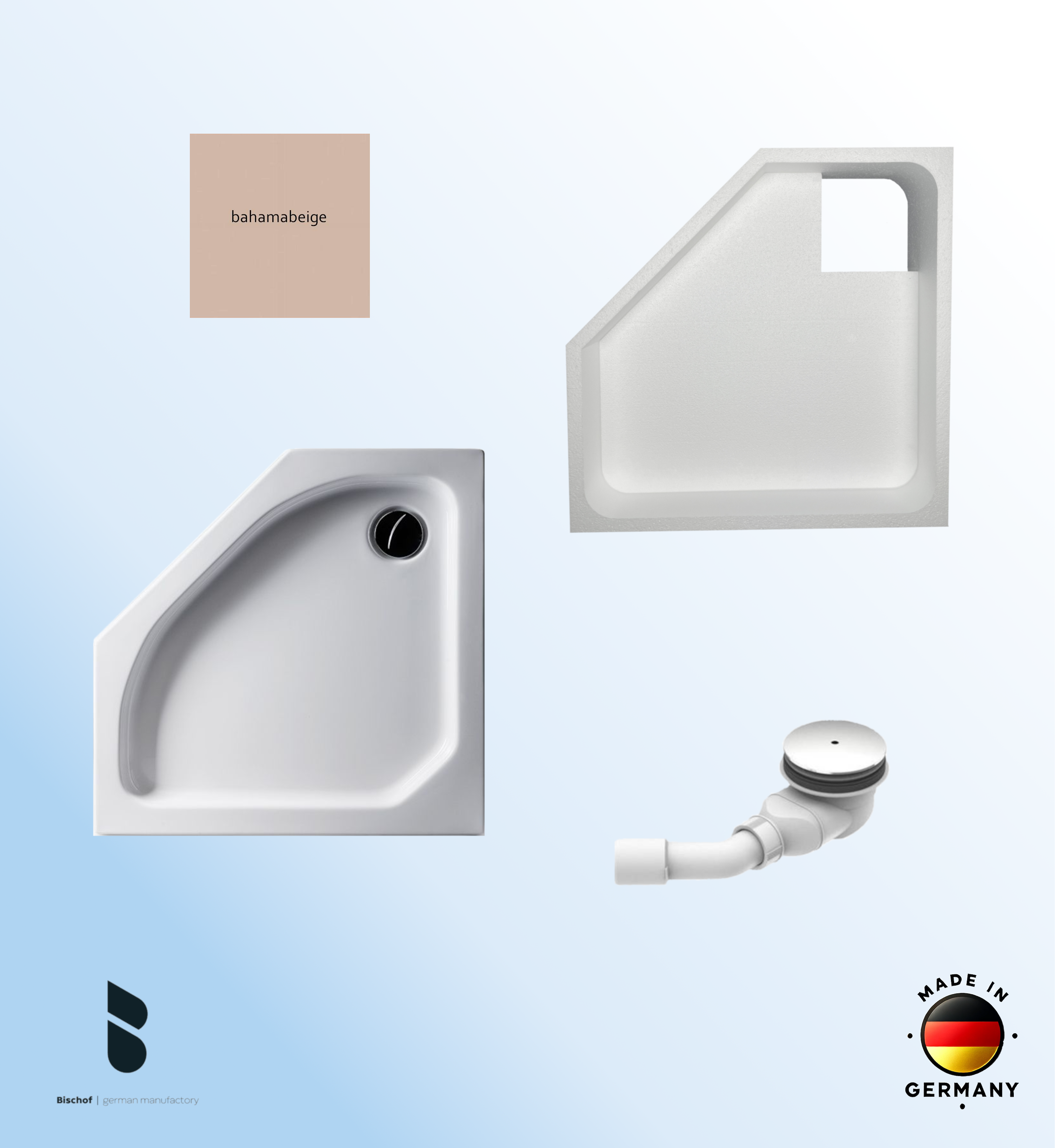KOMPLETT-PAKET: Duschwanne 90 x 90 cm Fünfeck, Farbe: BAHAMABEIGE flach 6,5 cm Acryl + Styroporträger/Wannenträger + Ablaufgarnitur chrom DN 90