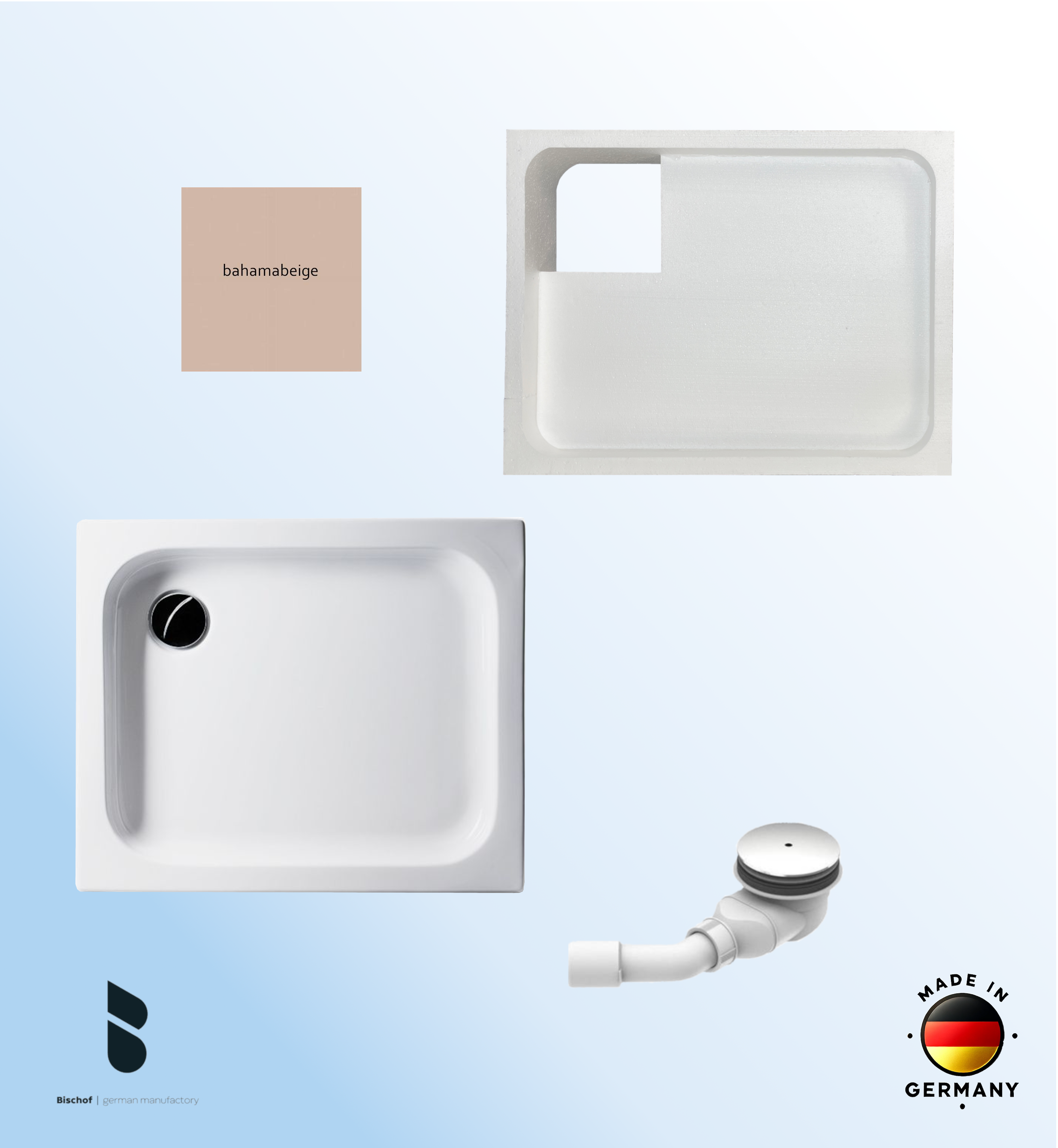 KOMPLETT-PAKET: Duschwanne 90 x 75 cm, Farbe: BAHAMABEIGE flach 6,5 cm Acryl + Styroporträger/Wannenträger + Ablaufgarnitur chrom DN 90