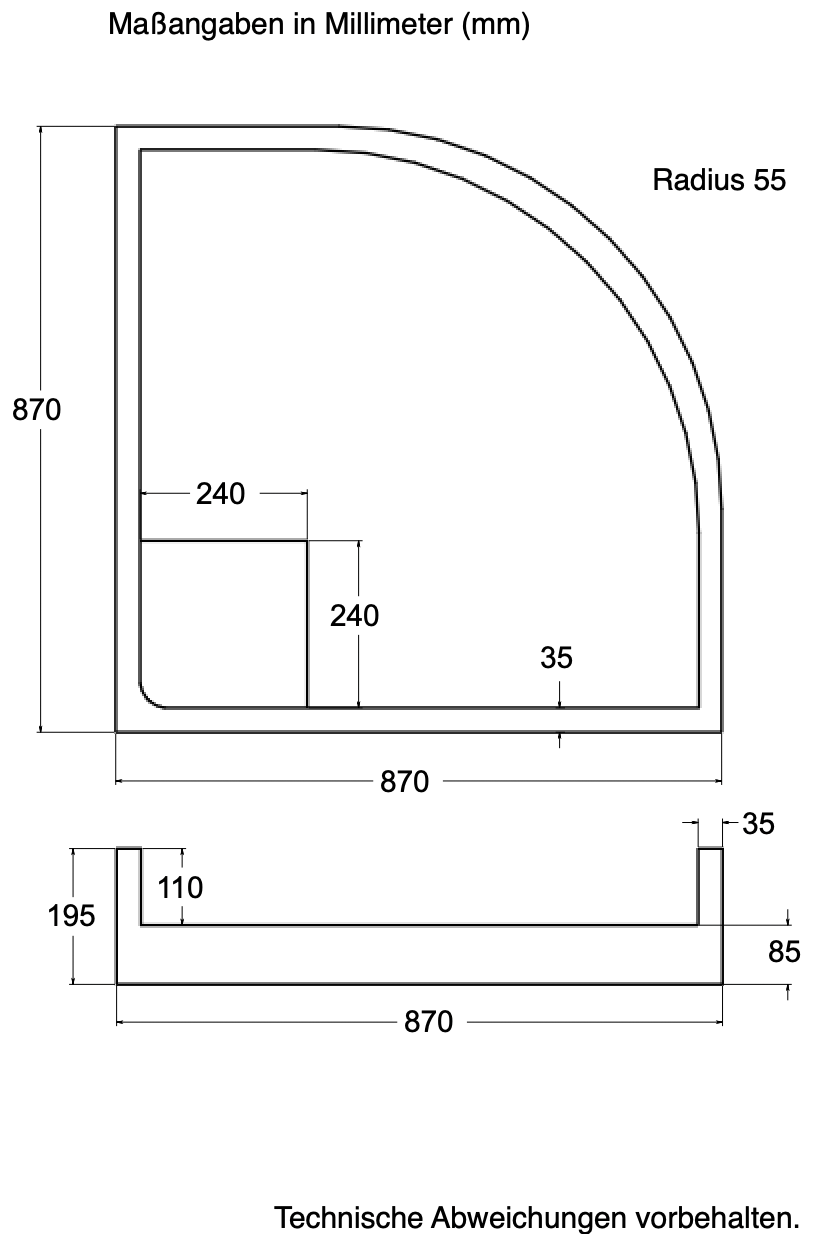 Träger 90x90cm, viertelkreis, weiß, Höhe 19,5cm hintere Ecke R55