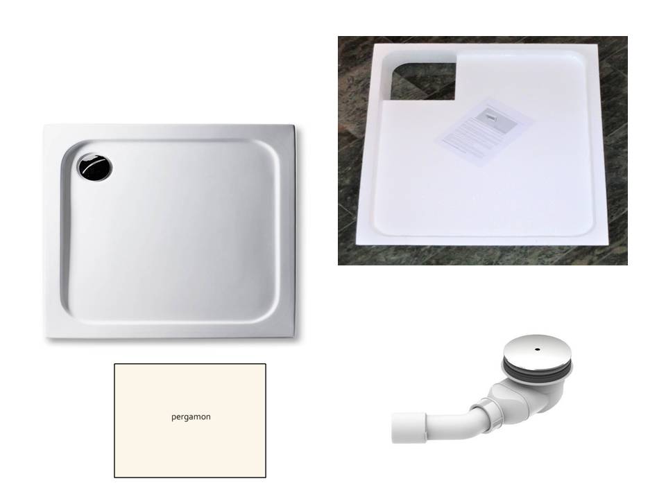 KOMPLETT-PAKET: Duschwanne 80 x 75 cm Farbe: PERGAMON superflach 2,5 cm Acryl + Styroporträger/Wannenträger + Ablaufgarnitur chrom DN 90   