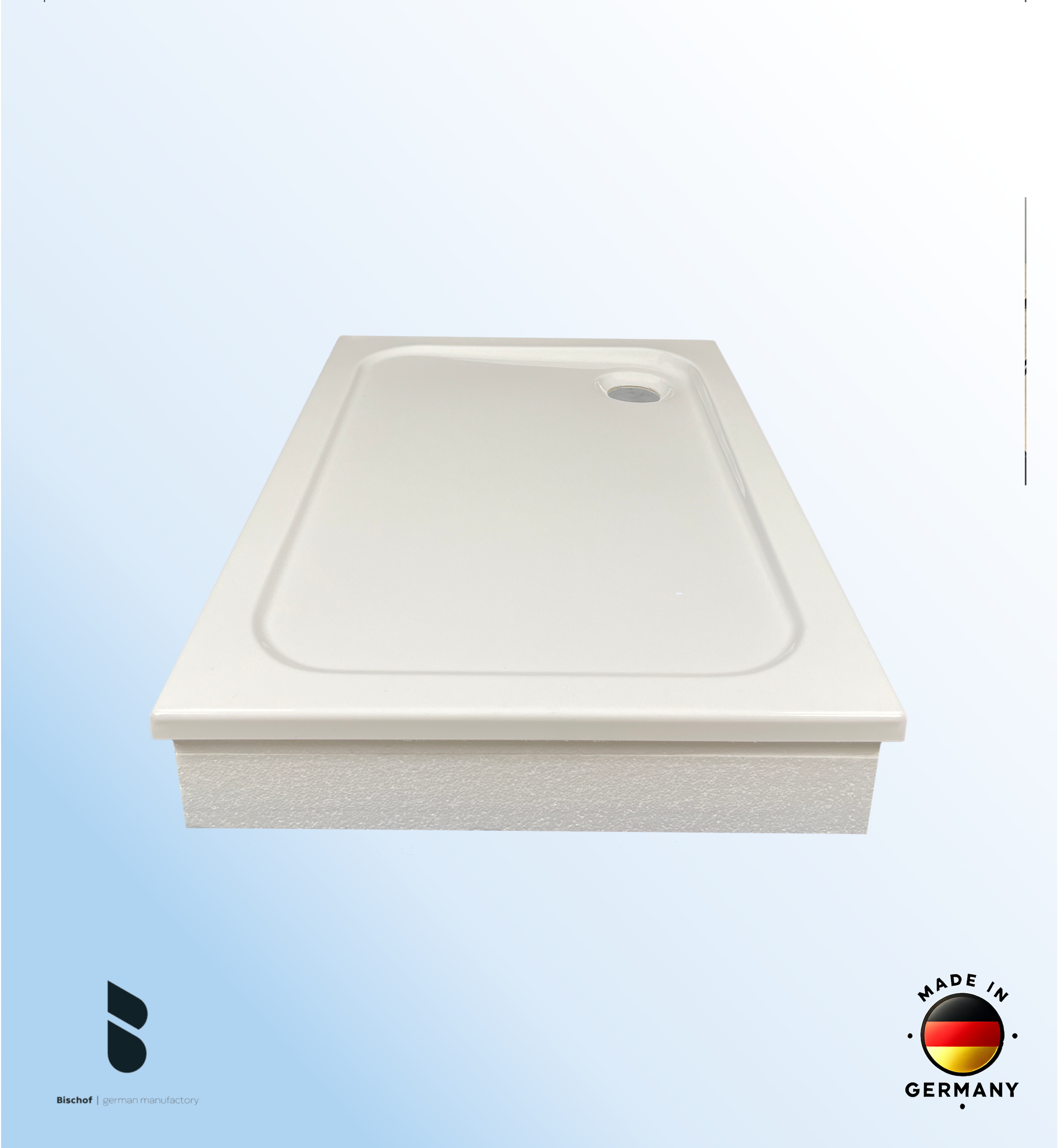 KOMPLETT-PAKET: Duschwanne 110 x 80 cm superflach 2,5 cm weiß Dusche mit GERADER UNTERSEITE Acryl + Styroporträger/Wannenträger + Ablaufgarnitur chrom DN 90