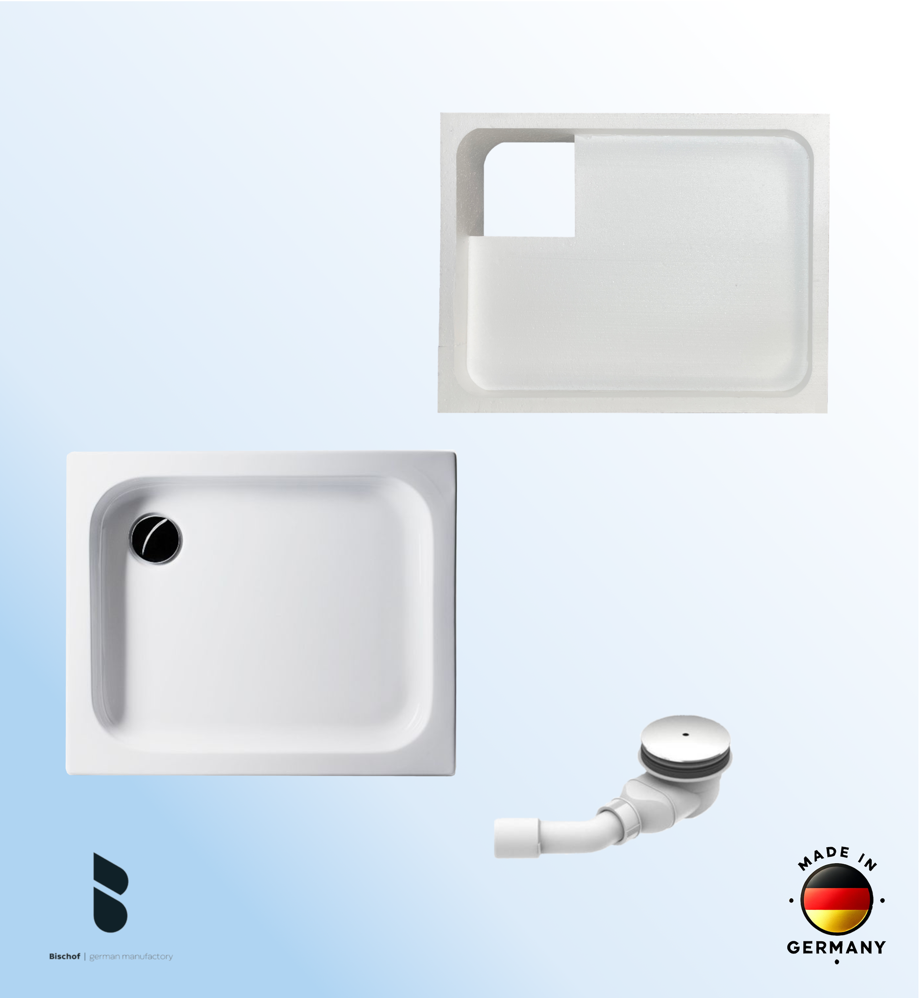 KOMPLETT-PAKET: Duschwanne 90 x 75 cm flach 6,5 cm weiß Acryl + Styroporträger/Wannenträger + Ablaufgarnitur chrom DN 90