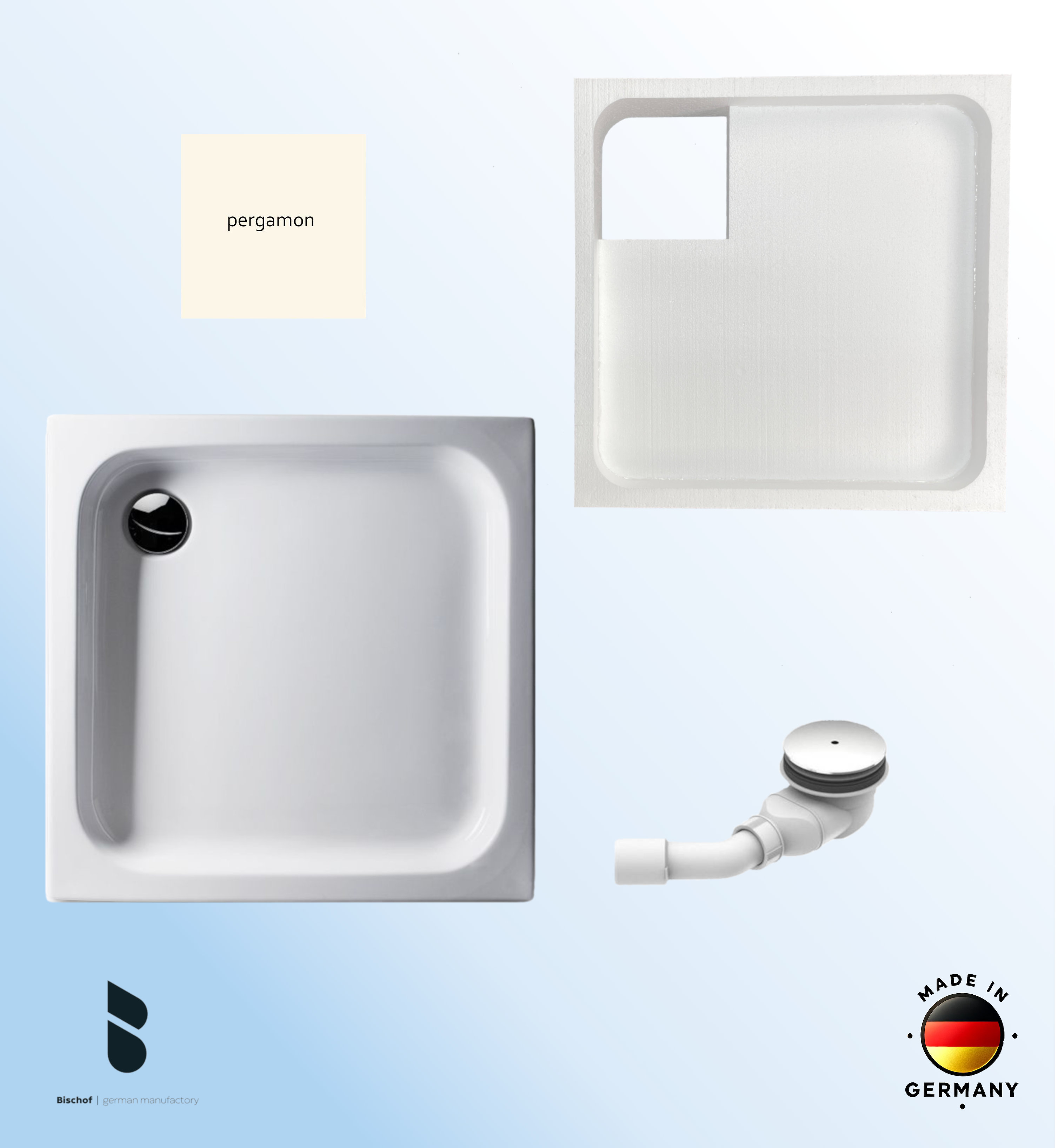 KOMPLETT-PAKET: Duschwanne 100 x 100 cm, Farbe: PERGAMON flach 6,5 cm Acryl + Styroporträger/Wannenträger + Ablaufgarnitur chrom DN 90