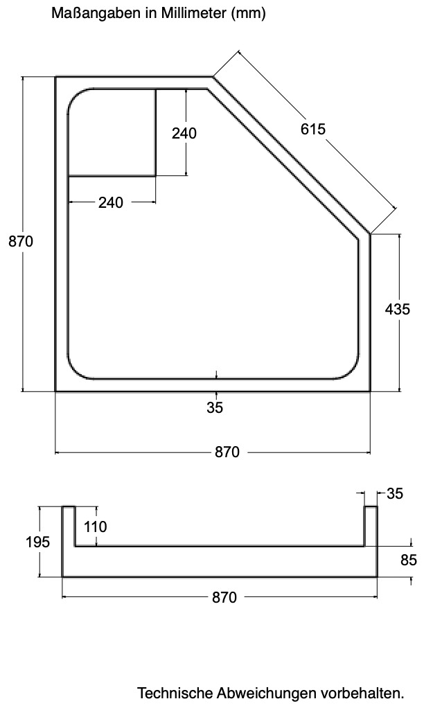 Träger Emden 90x90cm weiß fünfeck, Höhe 19,5cm rechts