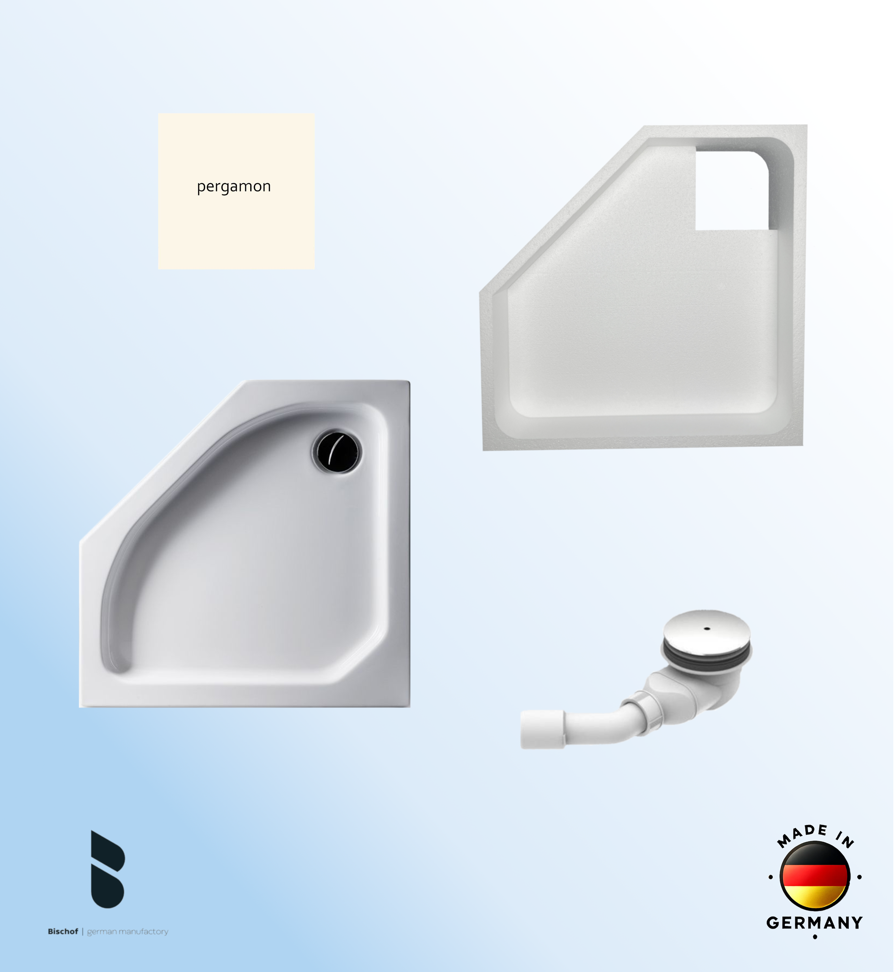 KOMPLETT-PAKET: Duschwanne 90 x 90 cm Fünfeck, Farbe: PERGAMON flach 6,5 cm Acryl + Styroporträger/Wannenträger + Ablaufgarnitur chrom DN 90