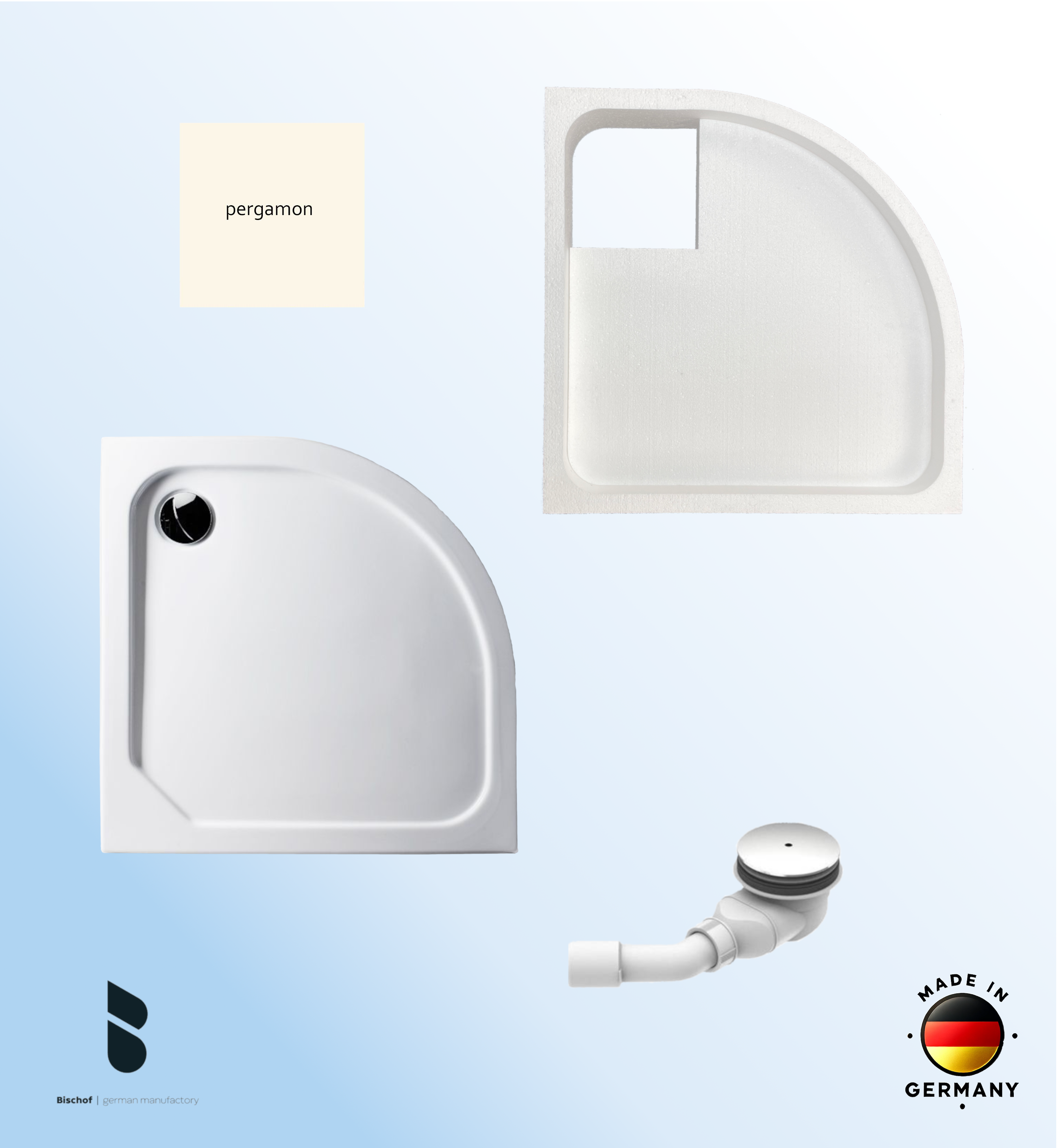 KOMPLETT-PAKET: Duschwanne 90 x 90 cm Viertelkreis Radius 55, Farbe: PERGAMON superflach 2,5 cm  Acryl + Styroporträger/Wannenträger + Ablaufgarnitur chrom DN 90