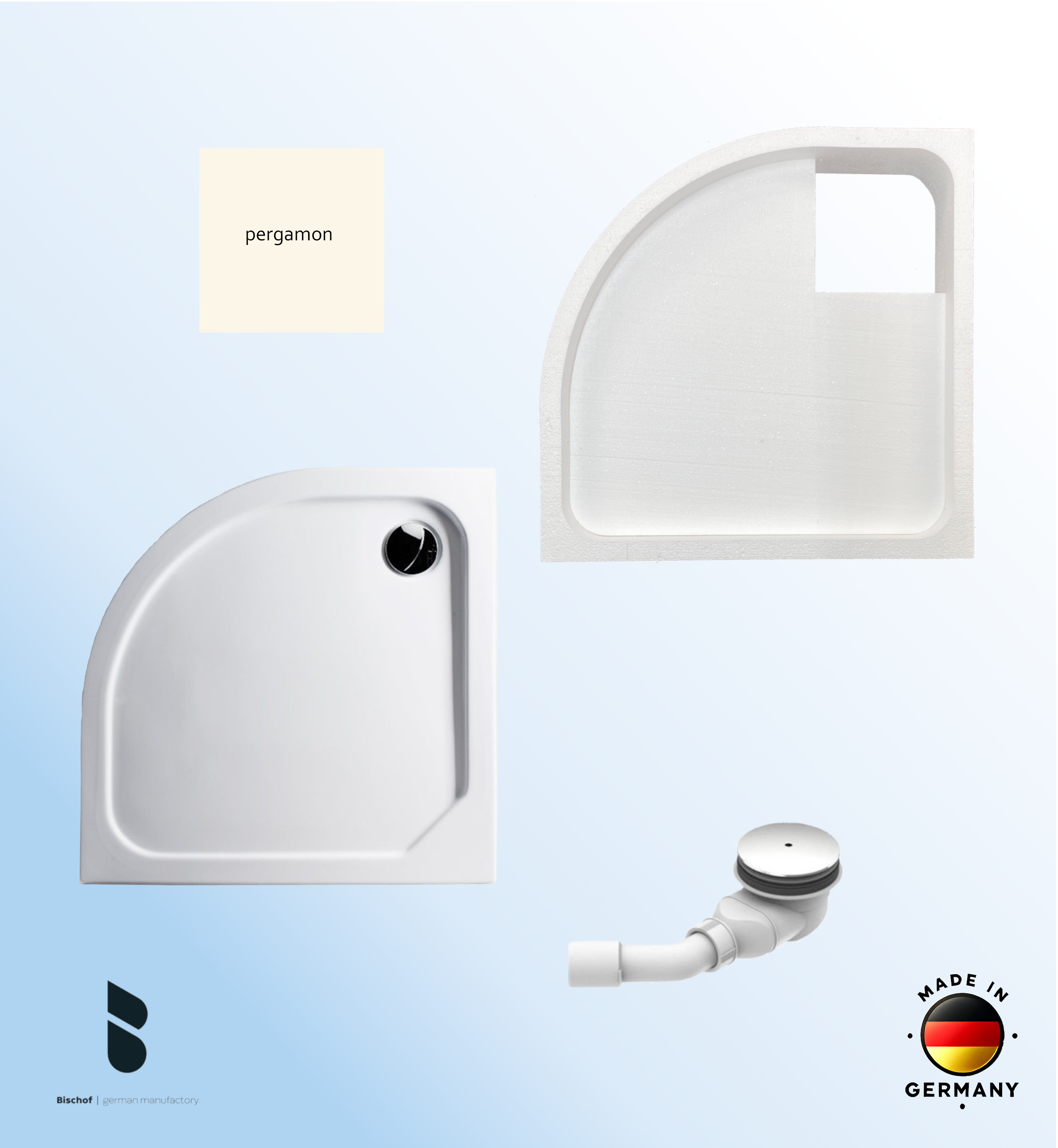 KOMPLETT-PAKET: Duschwanne 80 x 80 cm Viertelkreis Radius 50, Farbe: PERGAMON superflach 2,5 cm Acryl + Styroporträger/Wannenträger + Ablaufgarnitur chrom DN 90